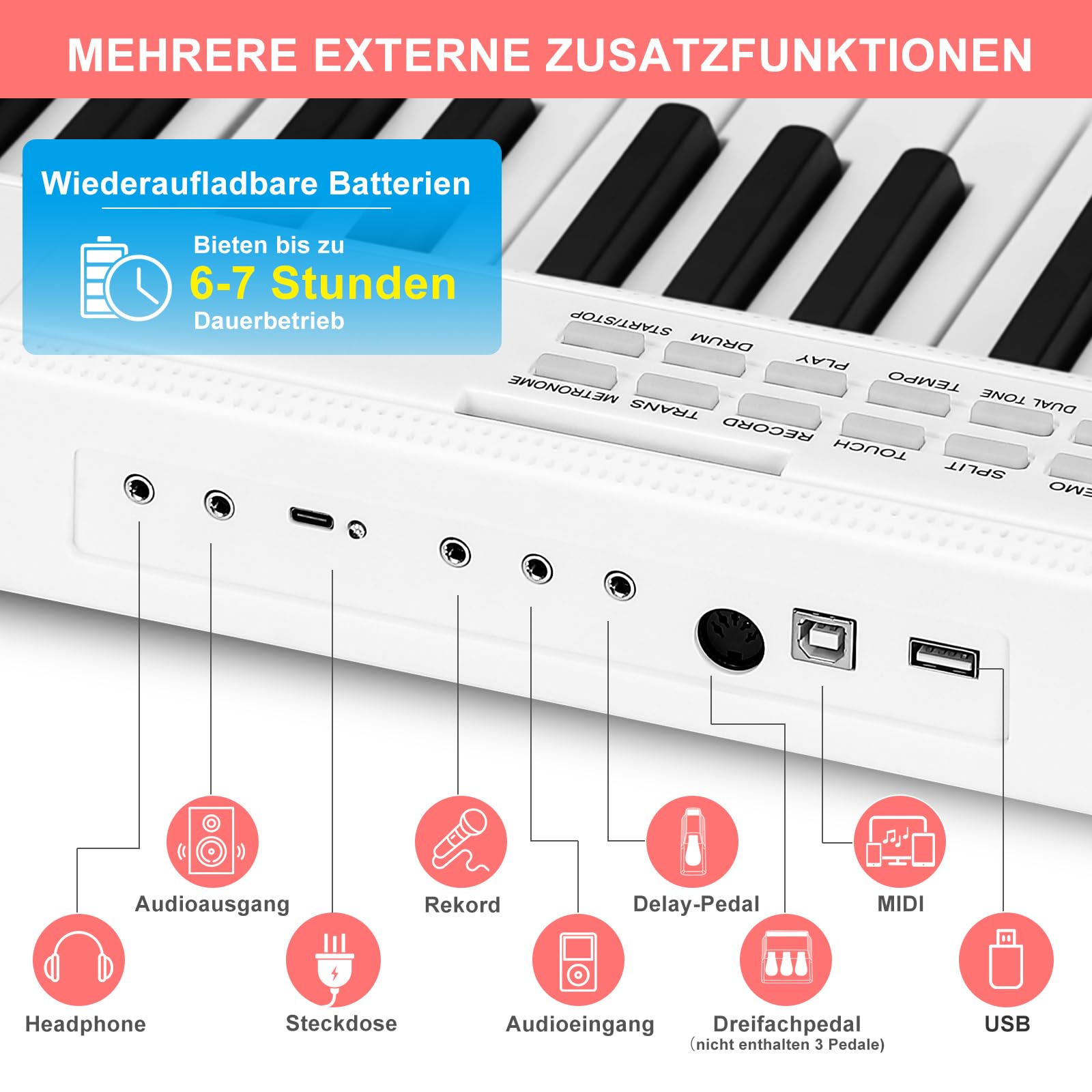 MUSTAR 88 Tasten Faltbares Klavier mit Beleuchteter Tasten, Halbgewichtige Digital Piano, Tragbares E-piano mit Bluetooth, MIDI, Sustain Pedal, Kopfhörer für Anfänger, Weiß