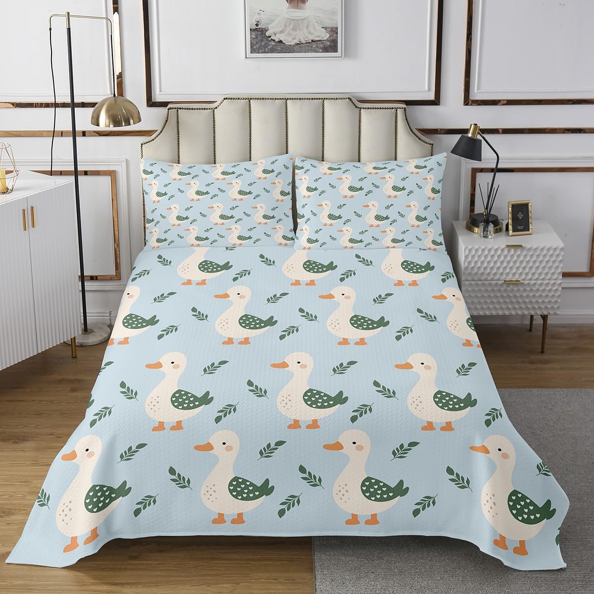 Manfei Wild Duck Quilt Bedding Set Twin,Kids Cartoon Animals Coverlet Bedspread,Farm Pet Rustic Leaves Lightweight Bedding Bed Cover for All Season,Watercolor Kawaii Bedspread Set (1 Quilt+ 1 Sham)