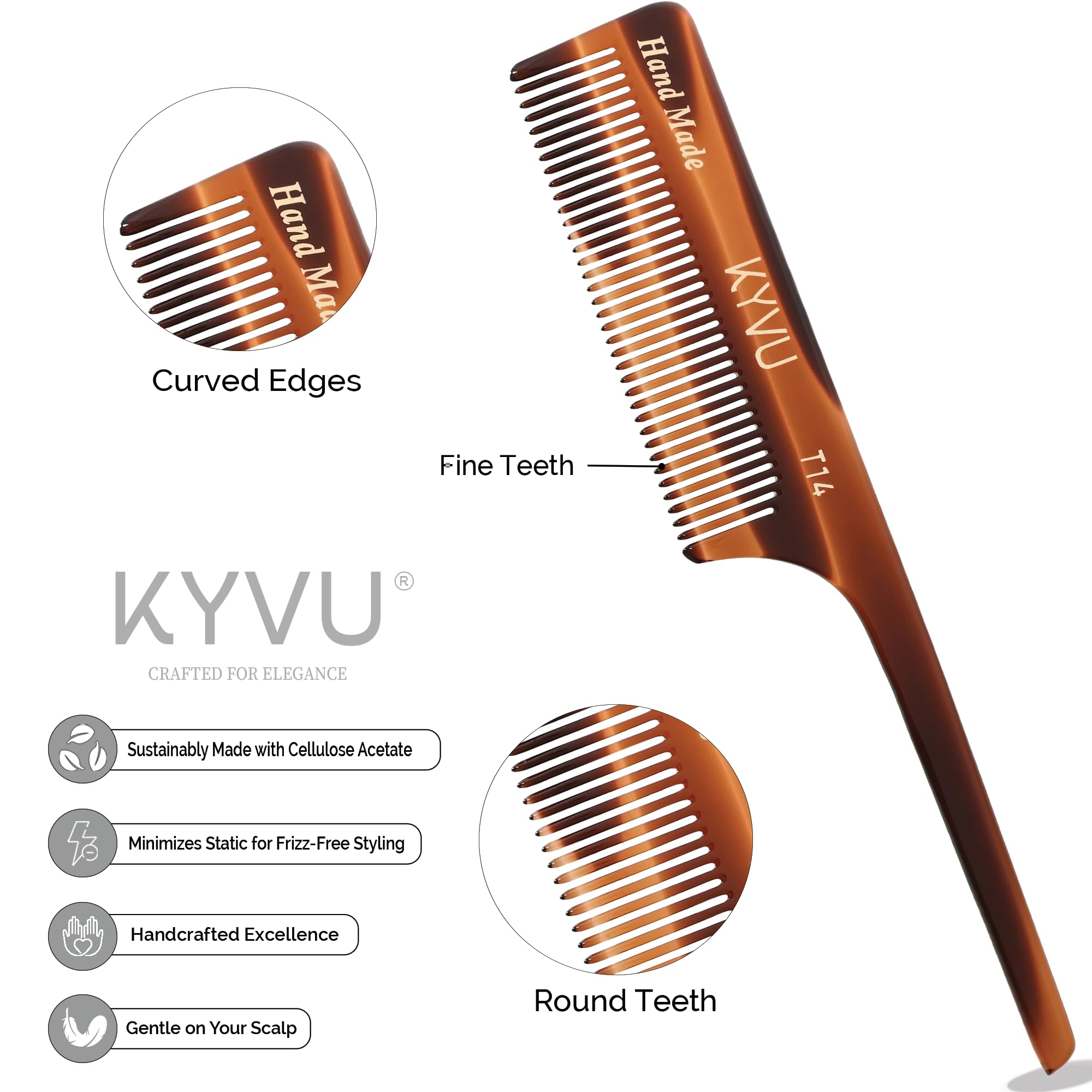 KYVU T14 Tail Comb with Handle - Handmade Fine-Tooth Styling Comb - 18.7 cm - Cellulose Acetate, Tortoiseshell Finish - Image 2