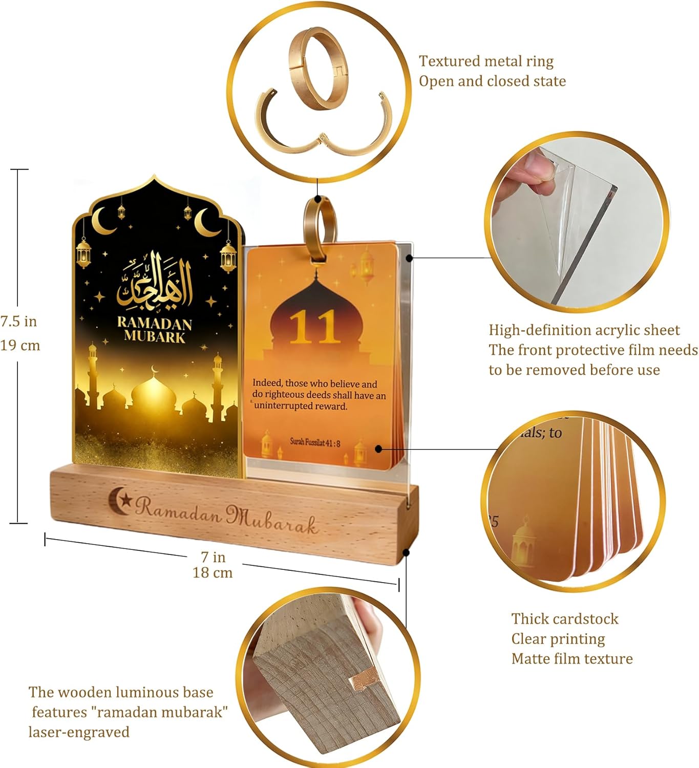 LED Ramadan Countdown Calendar Decorations for Home, Acrylic Islamic Holiday Decor with Light, 30 Quranic Quotations Cards, Eid Ramadan Mubarak Gift