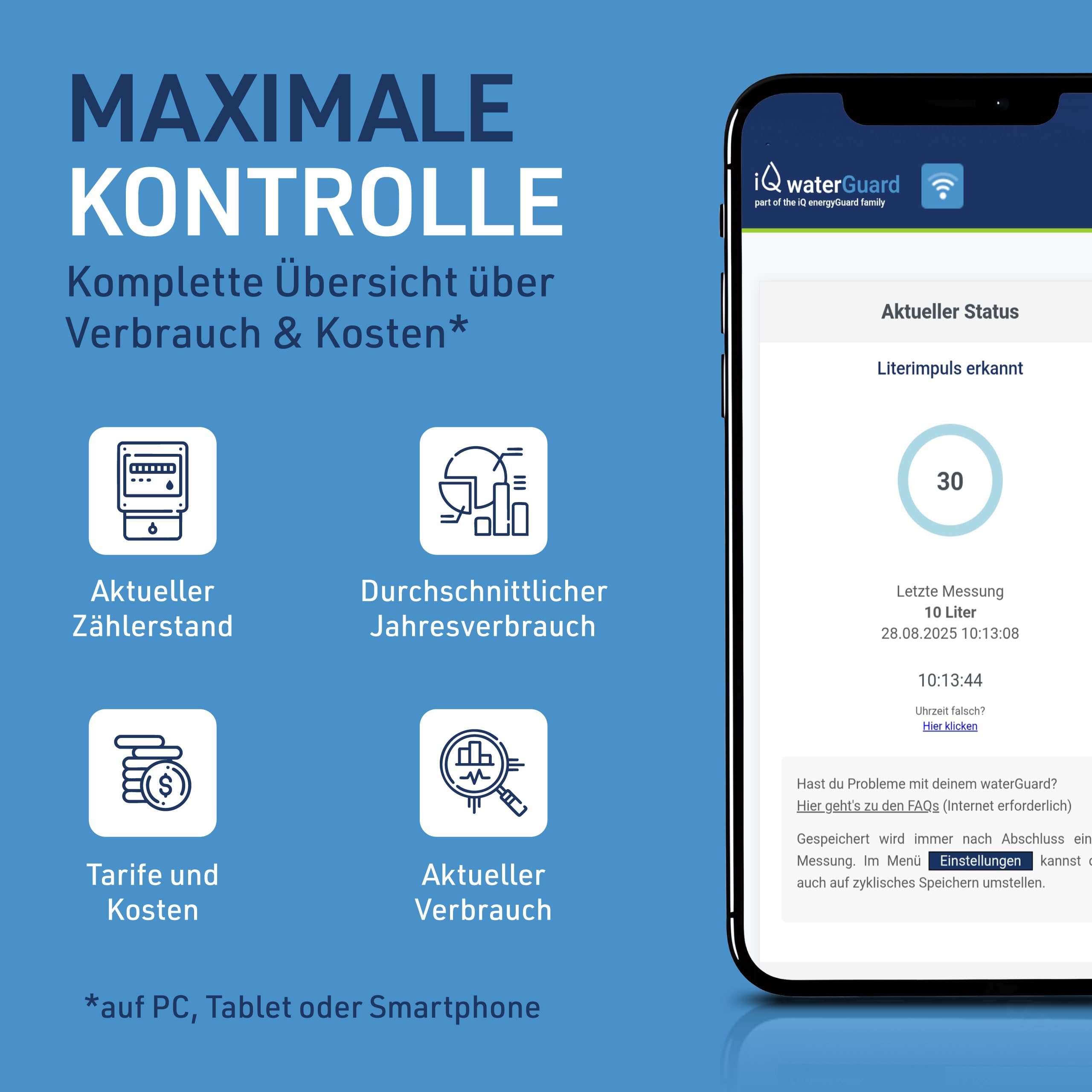 iQ waterGuard - Smarter Wassermelder mit Wasseralarm-Funktion 92dB & WLAN - Water Guard Wasserwächter für Smartphone - WiFi Wasserverbrauchs-Zähler, Überwachung von Wasserverbrauch & bei Wasserschaden