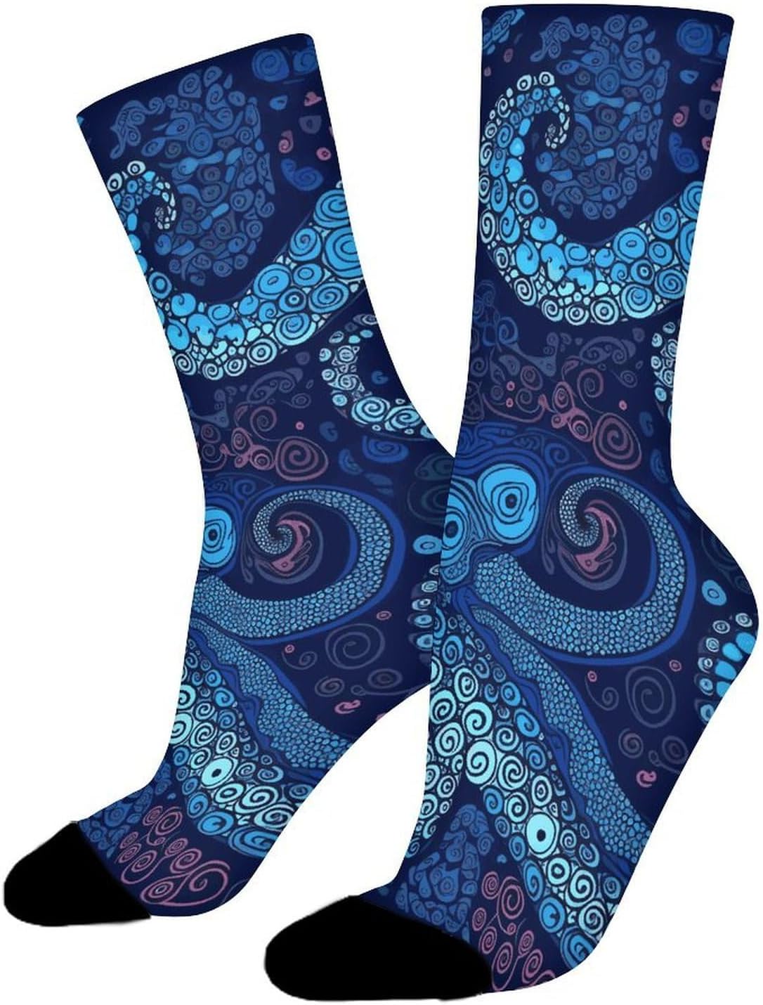 Moisture Wicking Socks, Breathable, Lightweight Crew Sock, Casual | Blue Octopus Work Socks for Women Men, Elastic Soft Boot Socks for Travel, Seamless