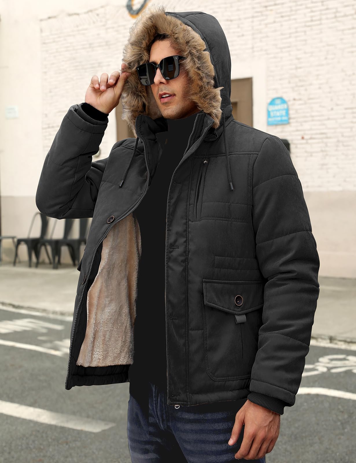Homme Manteau D'hiver Veste Chaude Blouson À Capuche Fausse Fourrure Amovible Jacket Doublure Polaire D'extérieur Winter Décontractée Résistant Epaissé Avec Poches Coa