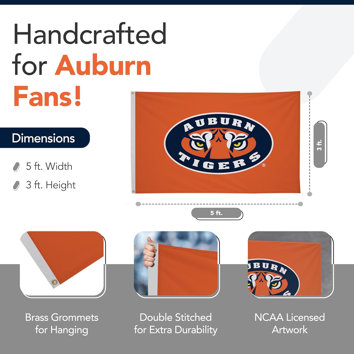 Auburn Tigers College Sports Printed Flag - NCAA Licensed - Nylon - School Banner (Orange) (3' x 5') - Image 2