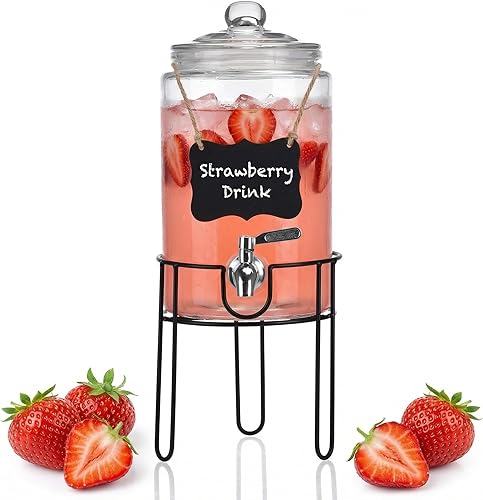 Miniatura 11 de Juego de 2 dispensadores de bebidas de vidrio de 1.5 galones, dispensadores de bebidas para fiestas, dispensador de bebidas con soporte y tapa de