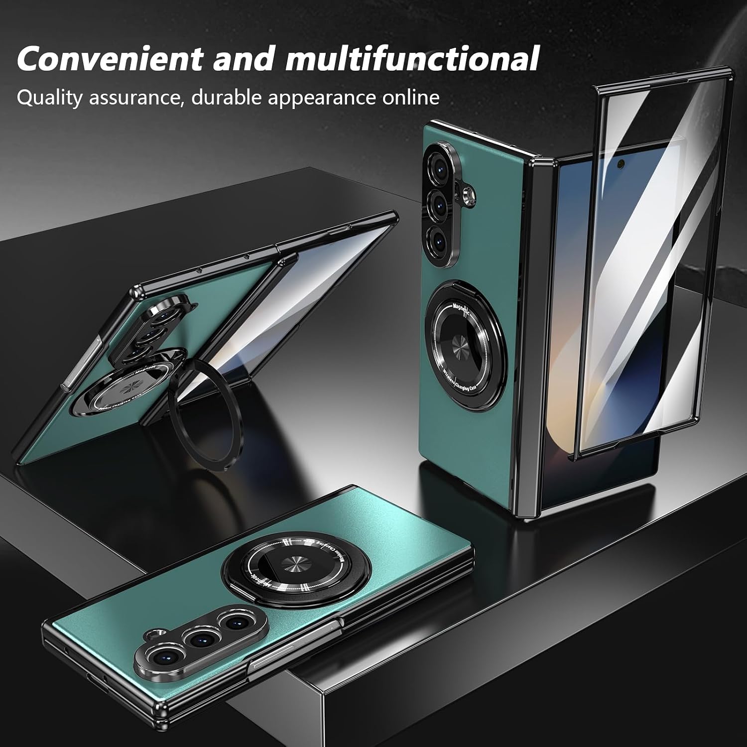 for Samsung Galaxy Z Fold 7 Case with Magnetic Ring Holder, 360 Rotating Bracket, Hinge Protection and Built-in Front Screen Protector, Slim Anti-Drop Shockproof Case.- Green