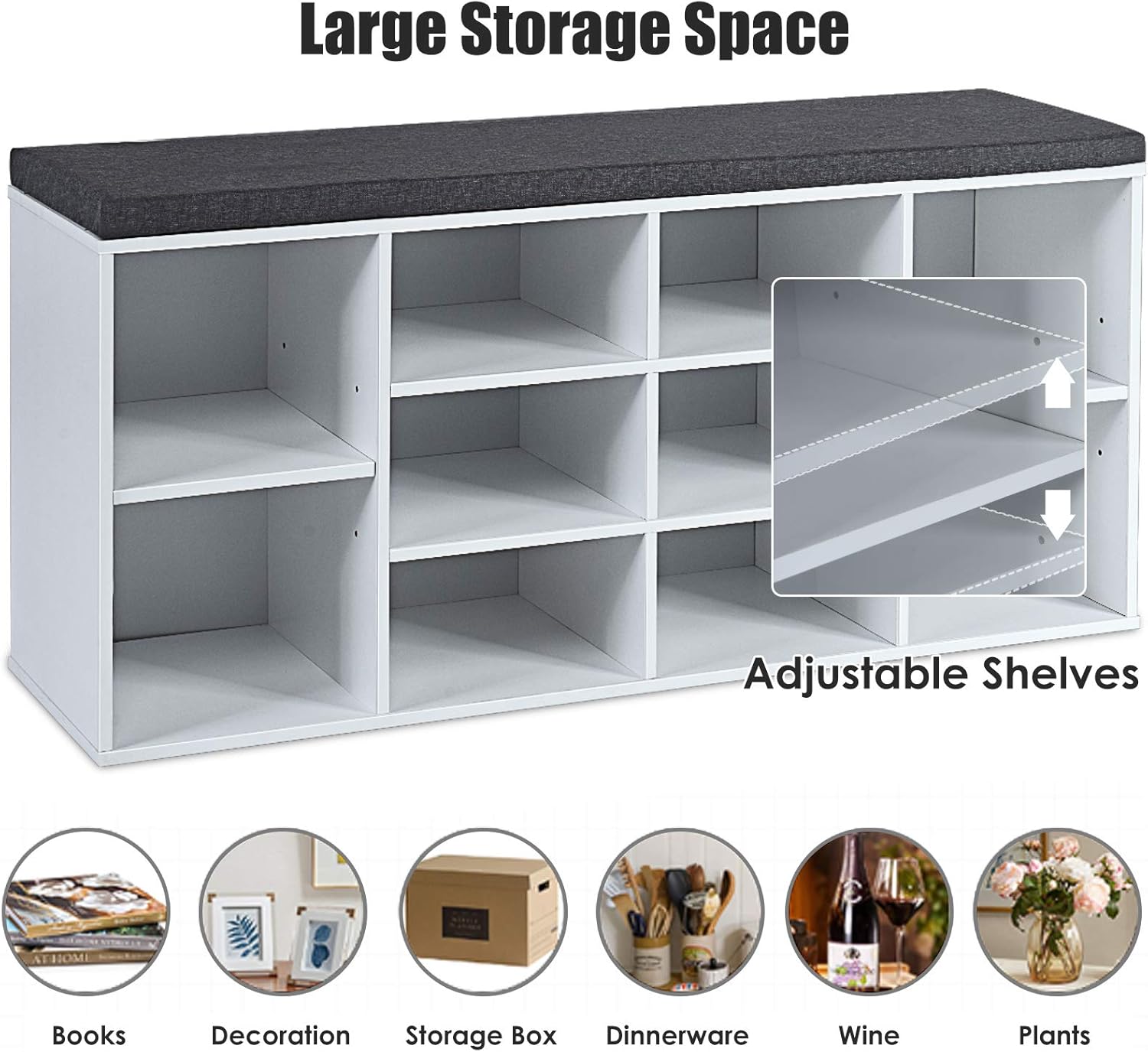 DORTALA Shoe Bench w/Padded Cushions, 10-Cube Storage Bench Cabinet w/Adjustable Shelves, Entryway Shoe Storage Bench, Cube Organizer Rack Cabinet for Living Room Bedroom, Hallway, White