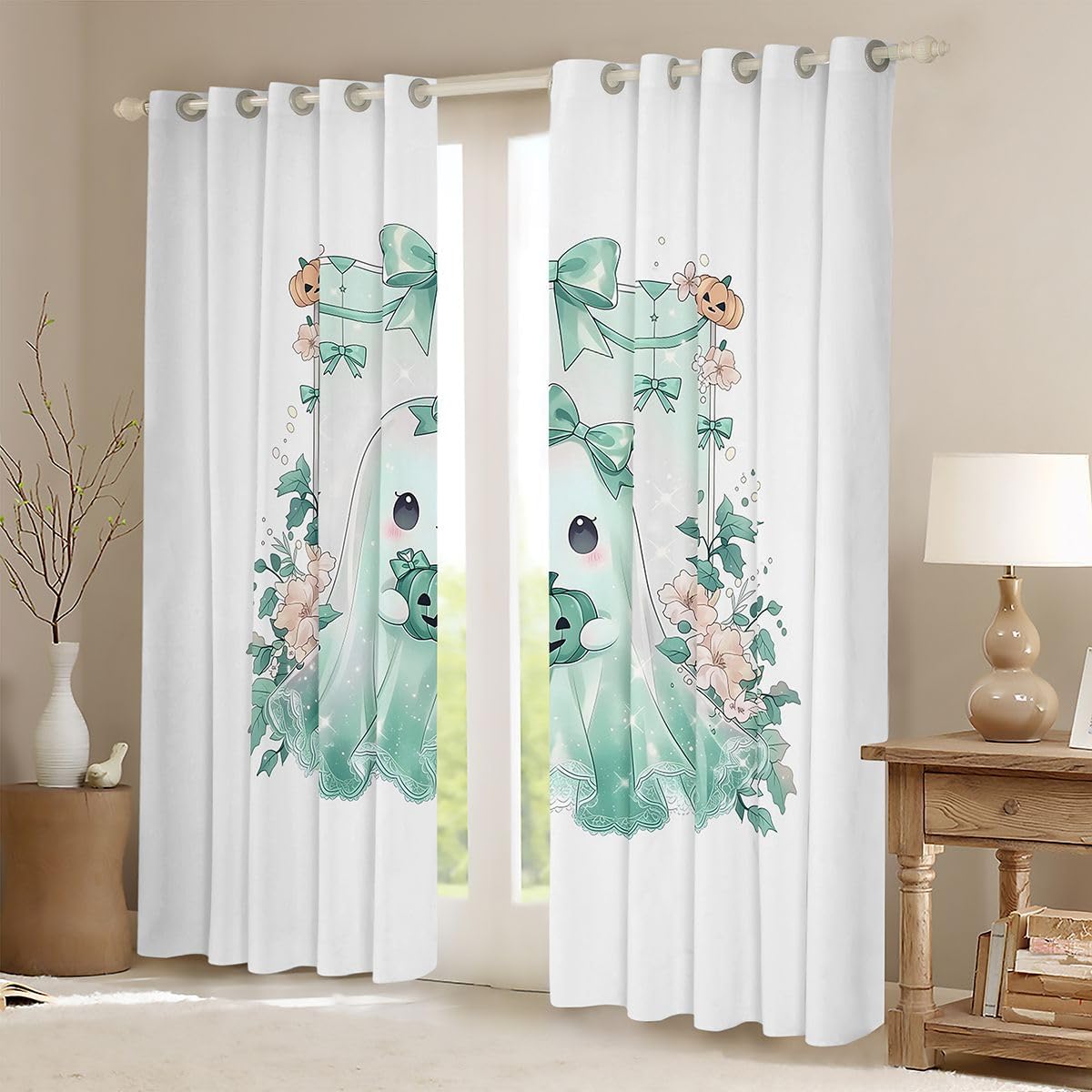Castle Fairy Green Bow Ghost Blackout Curtains Cartoon Floral Bowknot Pumpkin Window Drapes,Halloween Theme Window Treatments,Kids Boys Girls Room Decor,Grommet Top 2 Panel Set Curtains, 42Wx63L inch
