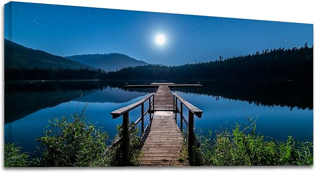 Wewejia Canvas Wall Art Boardwalk in night with Blue Sky Lake Bridge Print on Canvas for Living Room Bedroom Office Home Decor Ready to Hang-20"x40"