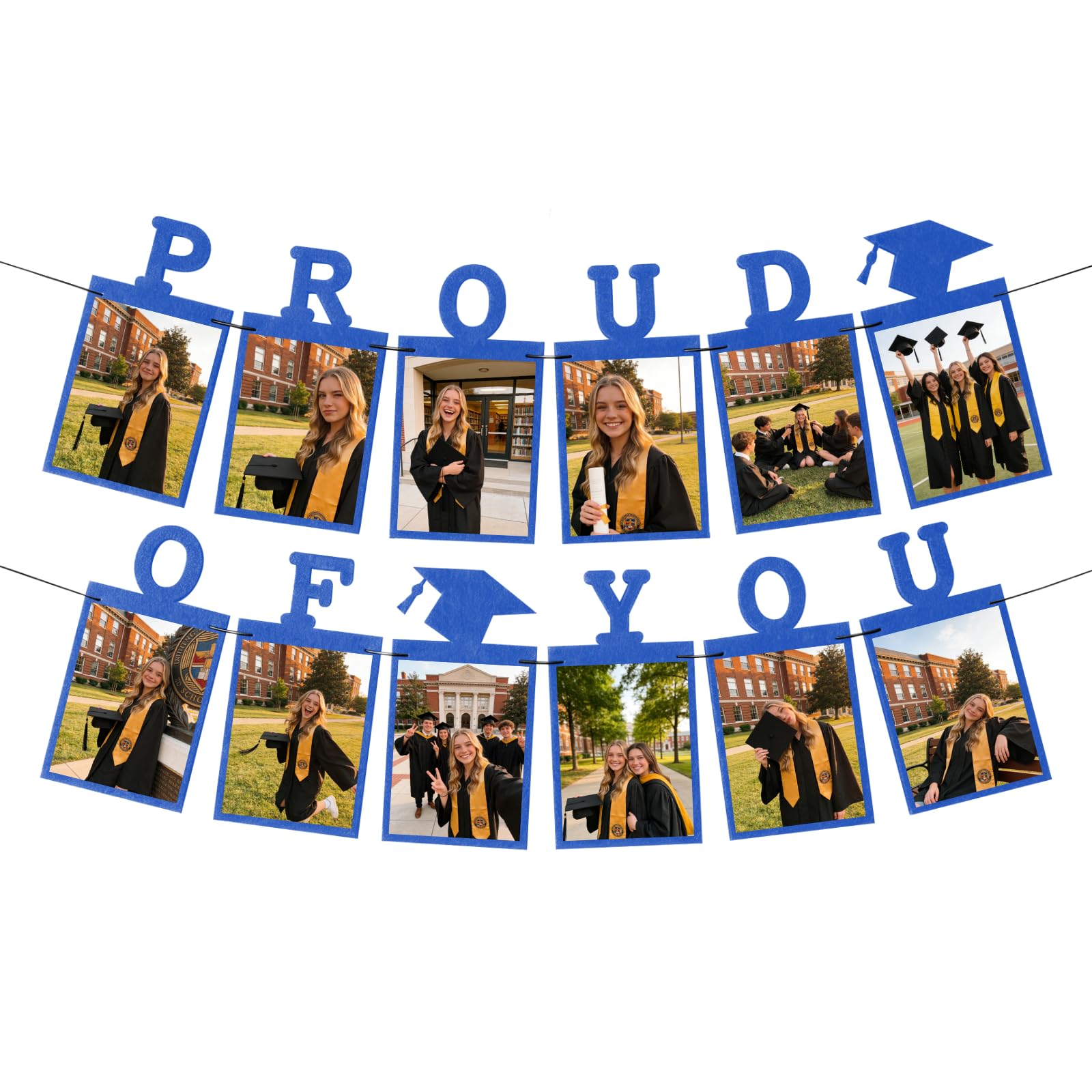 Graduation Photo Banner 2026 – Proud of You Graduation Picture Banner, Felt Graduation Party Decorations, Holds 4x6 Photos, Easy to Assemble (Blue)