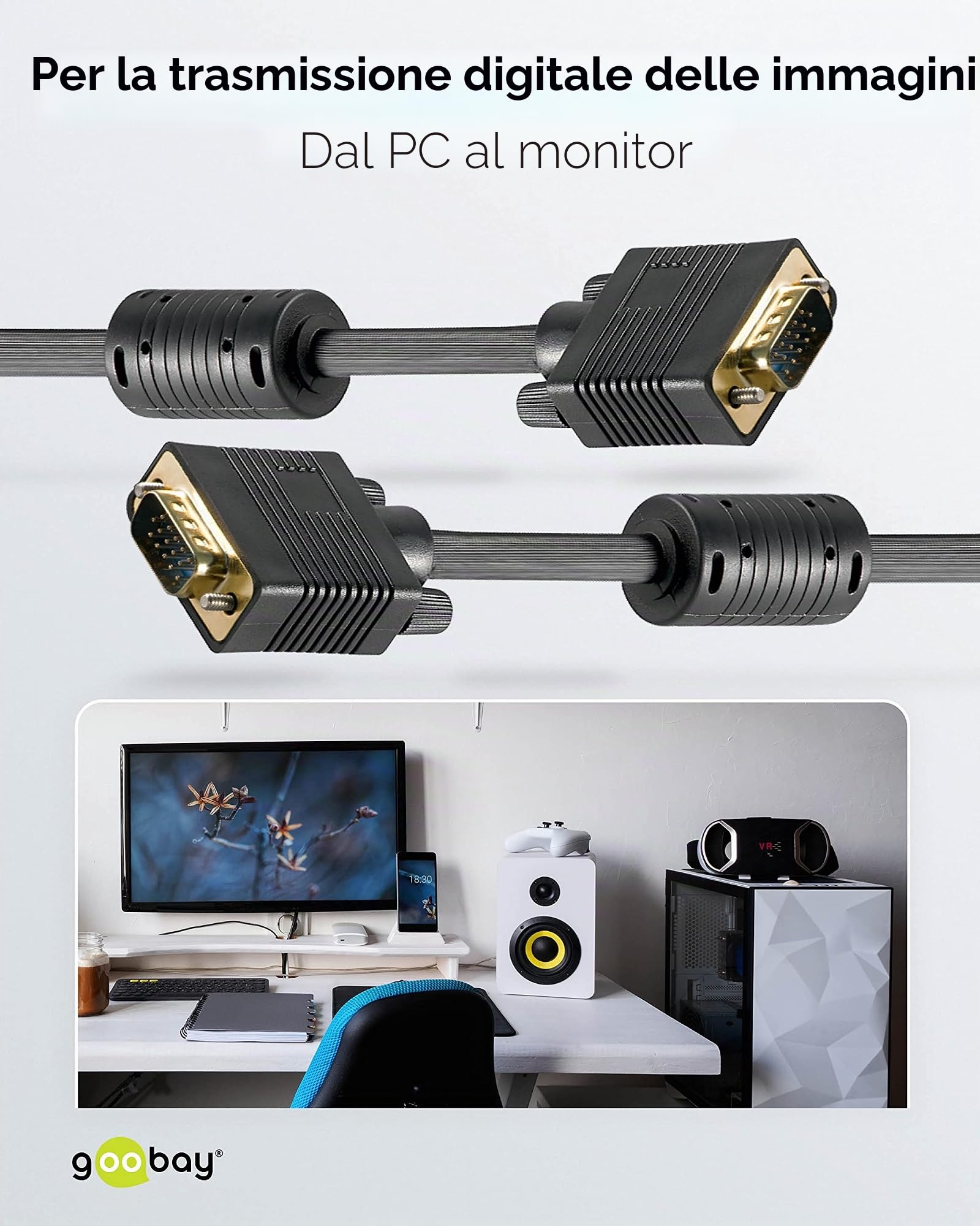 Goobay 68140 Cavo per Monitor SVGA Full HD, Dorato, Nero, 20 m Lunghezza del Cavo