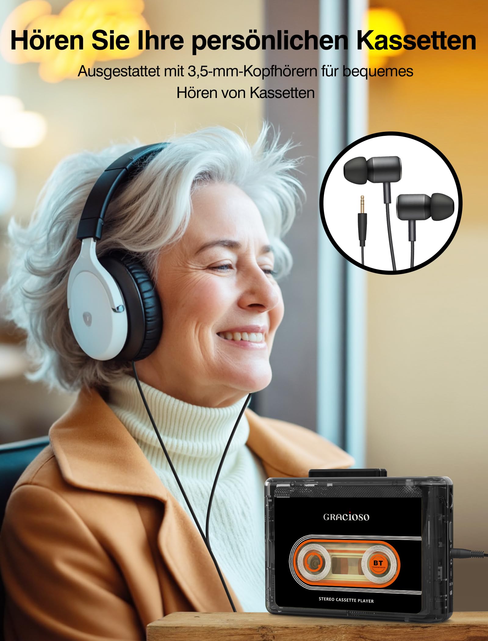 Gracioso Kassettenband, Bluetooth-Kassettenspieler mit 1100 mAh wiederaufladbarem Akku, kompakter Vintage-Kassettenspieler mit 3.5mm Kopfhörer, Mini-Kassettenrekorder mit Clip (Schwarz)