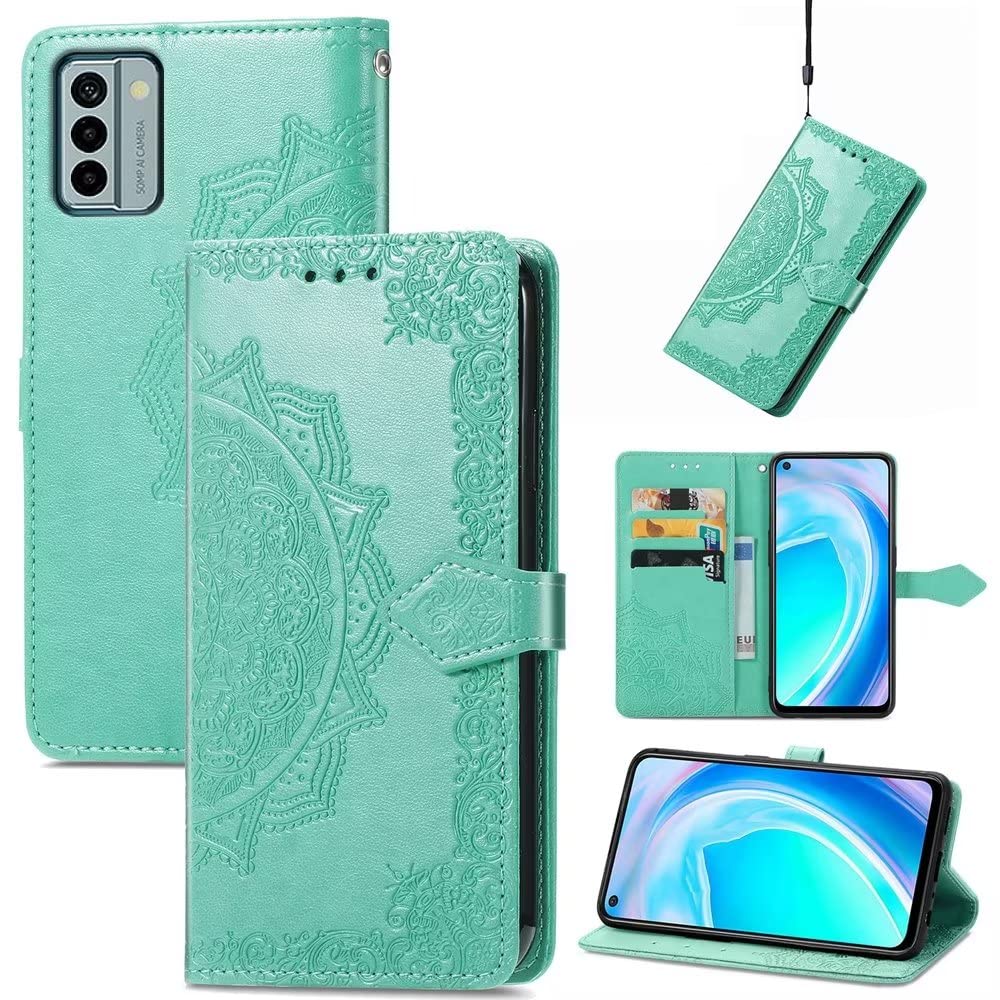 HONLEN Pokrowiec na telefon Nokia G22 (16.5 cm) Wysokiej jakości etui z klapką ze skóry PU, wytłoczony wzór mandali z 3 przegródkami na karty, zielony