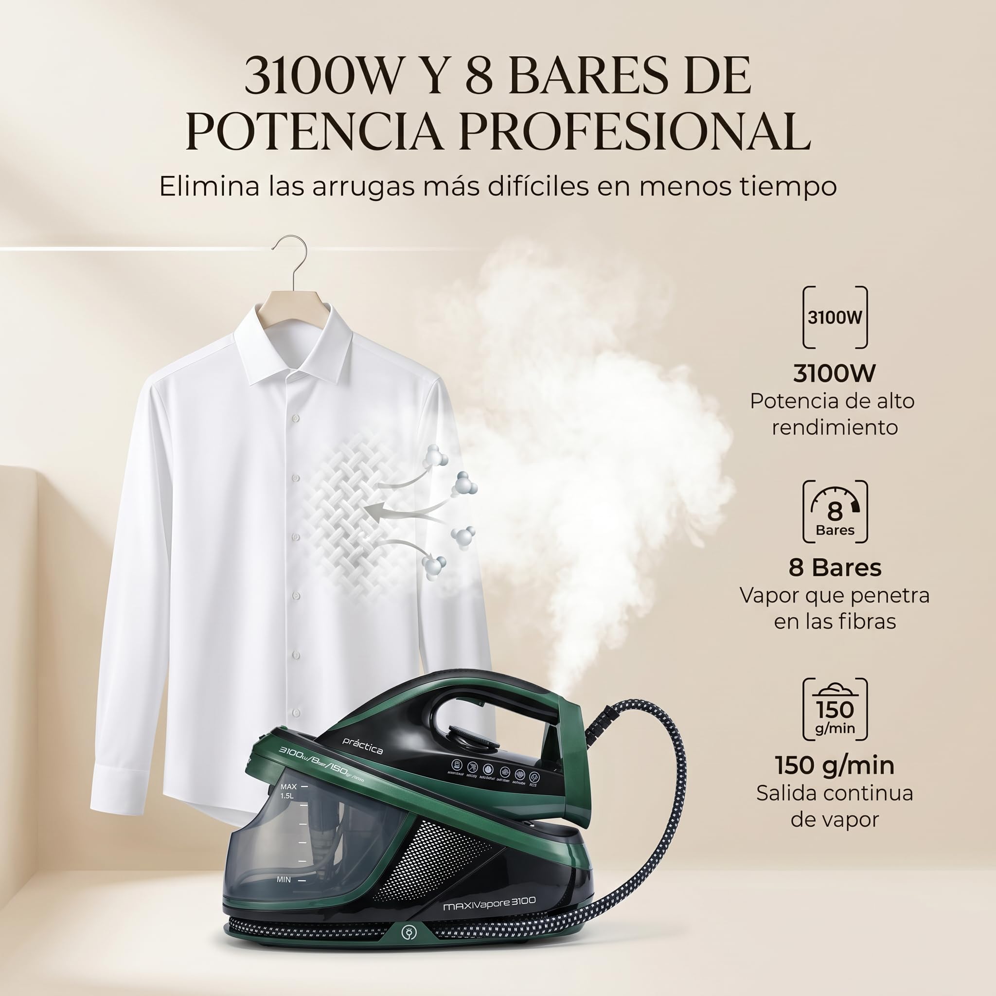 Centro de Planchado Plancha de Vapor Para Ropa 3100W 8 Bares Vertical Suela Ceramica Antiadherente 150 G/Min Deposito 1.5 L Autoapagado Antical Cord 360 Seleccion de Temperatura por Tejidos Ergonomico