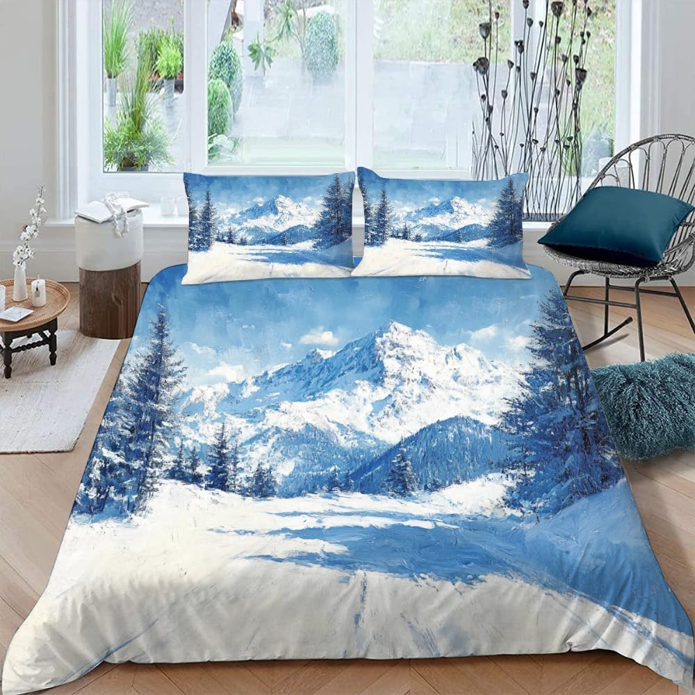 Housse de couette 220x240 imprimée 3D paysage d'hiver et literie microfibre douce 2 personnes