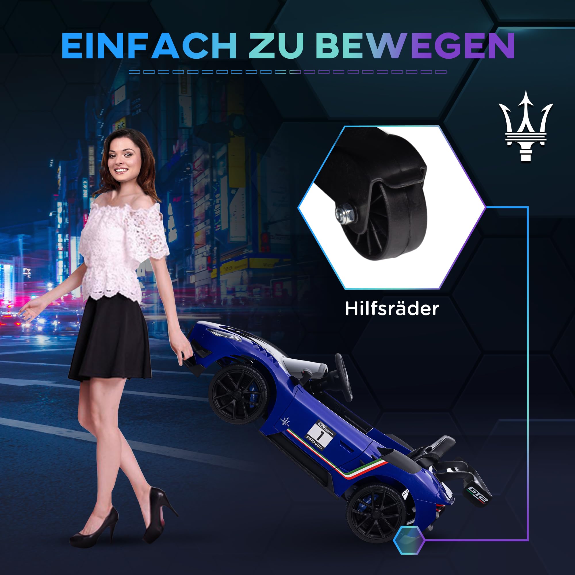 AIYAPLAY Kinder Elektroauto Maserati GT2 12V Doppelmotor 3-5 Jahre Blau | 2,4GHz Fernbedienung, Musik, Hupe, 4 Stoßdämpfende Räder, Lichten, Stützräder, 3-5 km/h, Elektro Kinderauto