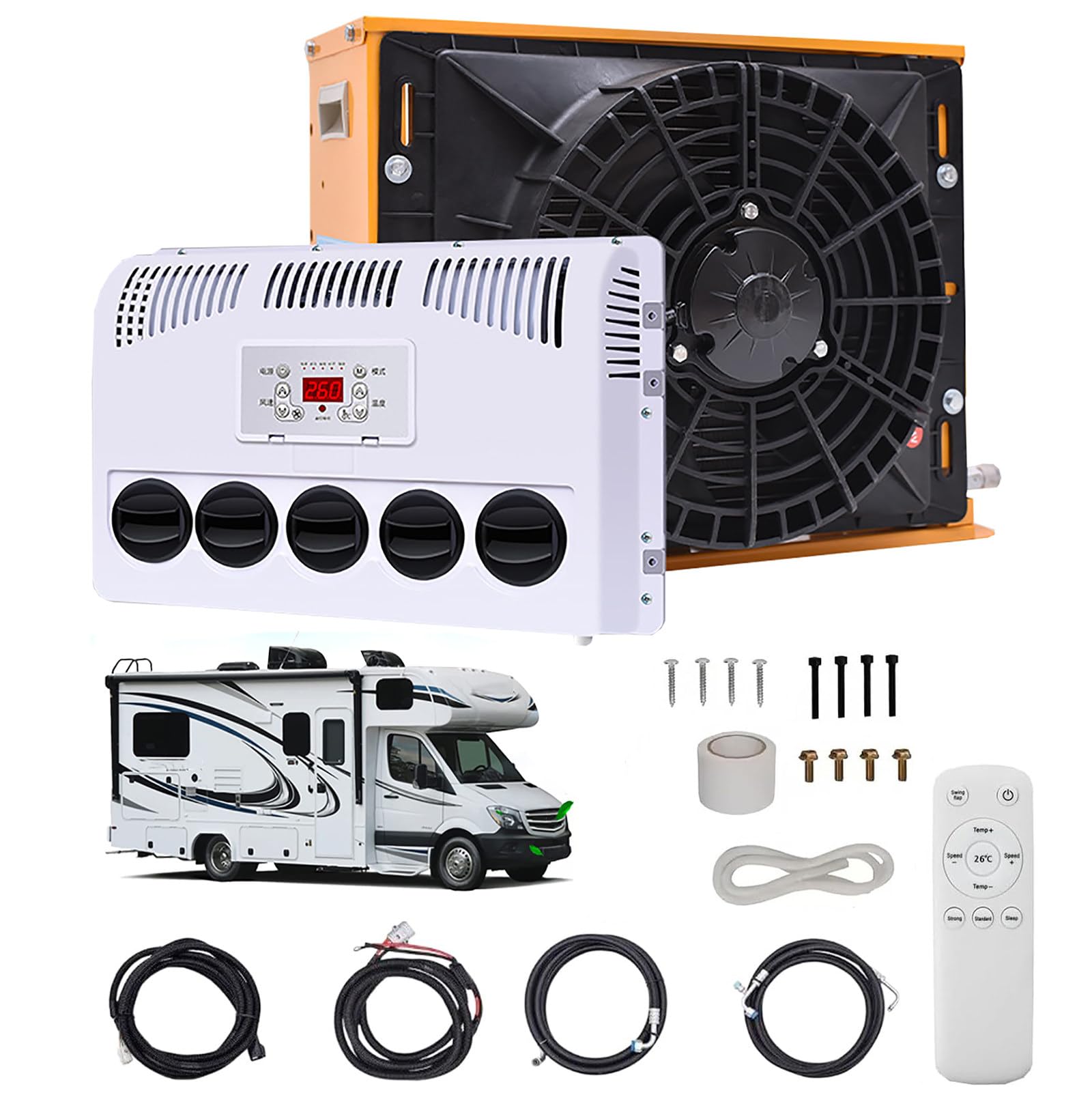 TIANQIHAO Rv Air Conditioner Kit, 850W Split Parking Ac, Silent Fast Cooling, For Trucks Buses Rvs Caravans Excavators,Yellow-24V