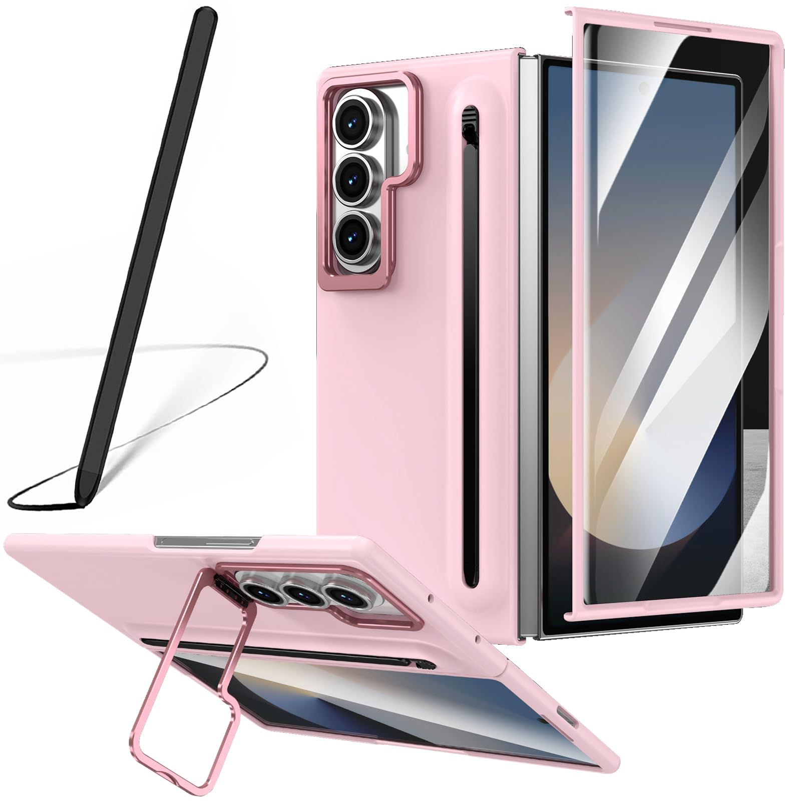 Custodia per Galaxy Z Fold 7 con penna, portapenne integrato, cover per Samsung Galaxy Z Fold7 con pellicola protettiva + Pen + supporto regolabile nascosto-Rosa