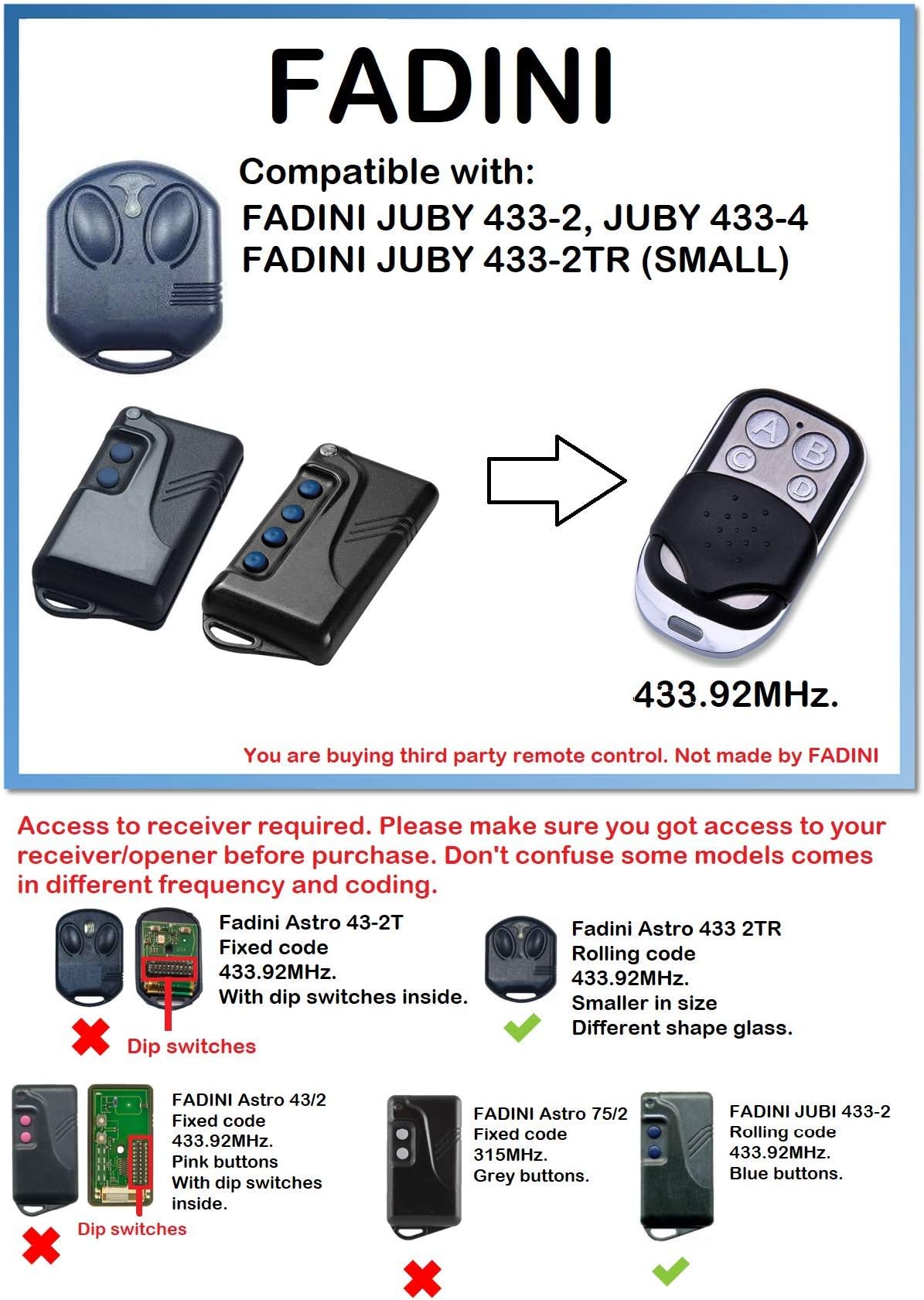 FADINI JUBI 433 2TR JUBI Small Compatible Remote Control Rolling Code 433.92MHz.