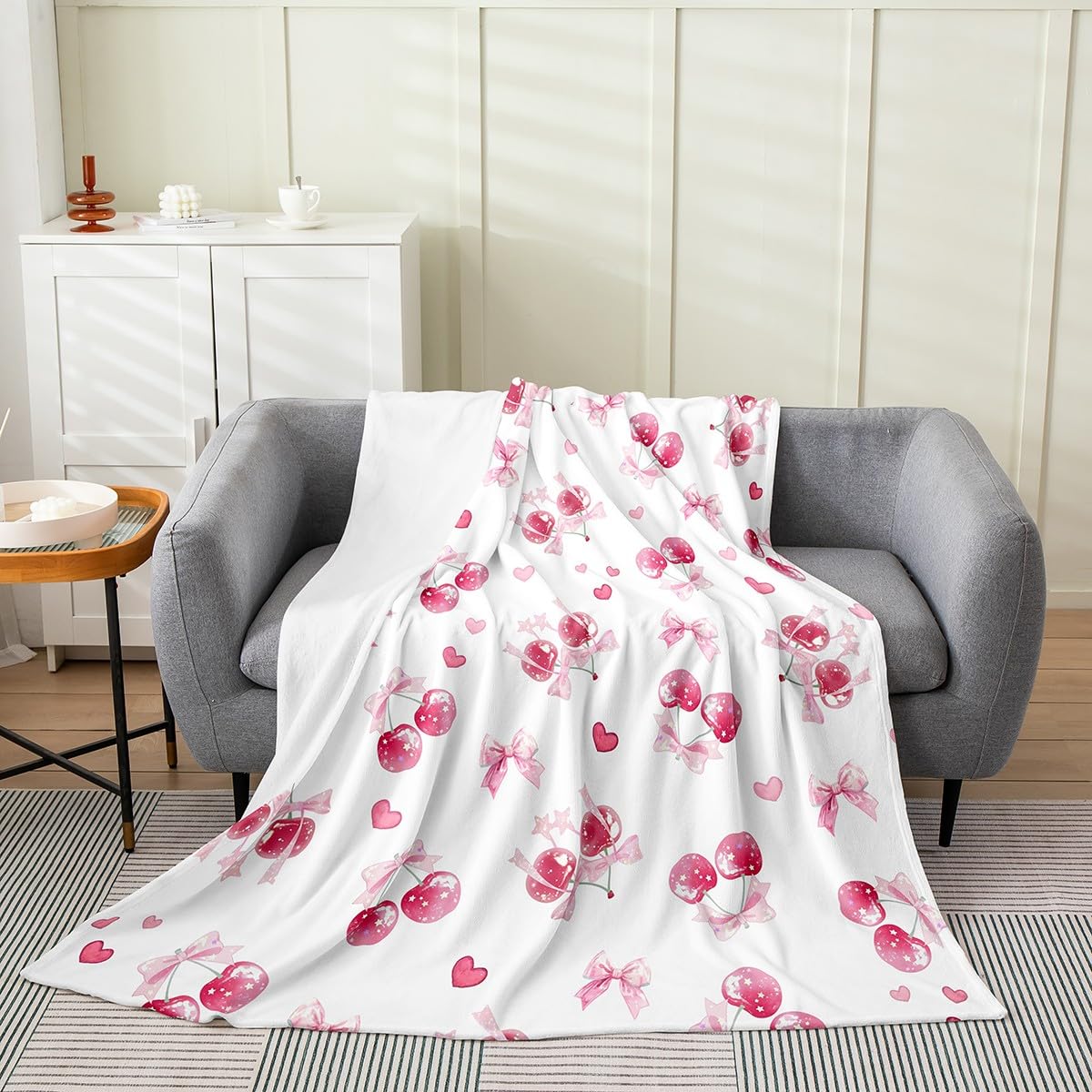 Homemissing Pink Bowknot Blanket Double 60x79 Inch Kids Cute Cherry Flannel Fleece Throw Blanket Dreamy Princess Style Girly Kawaii Bow All Season Bed Blanket for Sofa Glitter Fruit Plush Blanket โ image 1