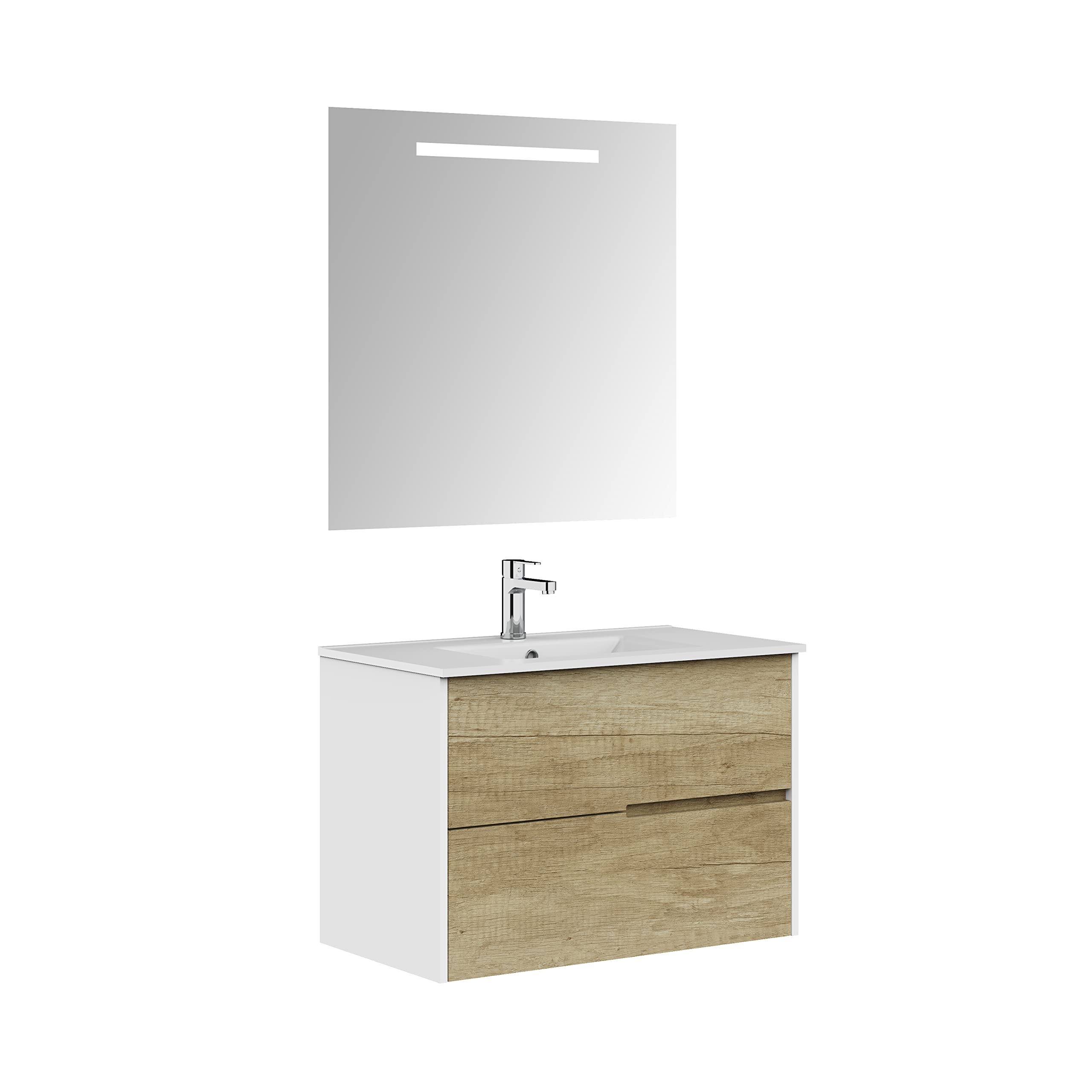 Baikal Mueble de baño Gavin, 2 cajones, suspendido en Pared. Incluye Lavabo cerámico. Varios Acabados. Se Entrega Montado. con Espejo 80 cm Nature