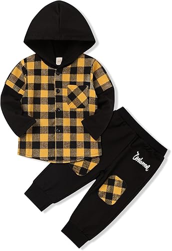 Fuermos Conjunto para niño pequeño - Sudadera y pantalones a cuadros con capucha - Ropa de otoño