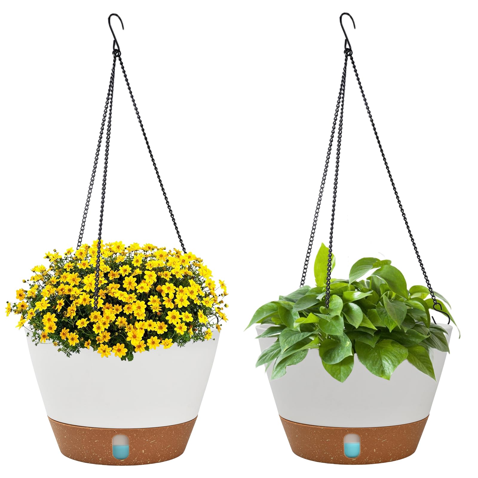 Set 2 Vasi da Fiori Sospesi 25cm, Vasi Auto-Irriganti con Fori di Drenaggio e Sottovaso Rimovibile, Catena 43cm per Balcone, Giardino, Terrazza e Interni