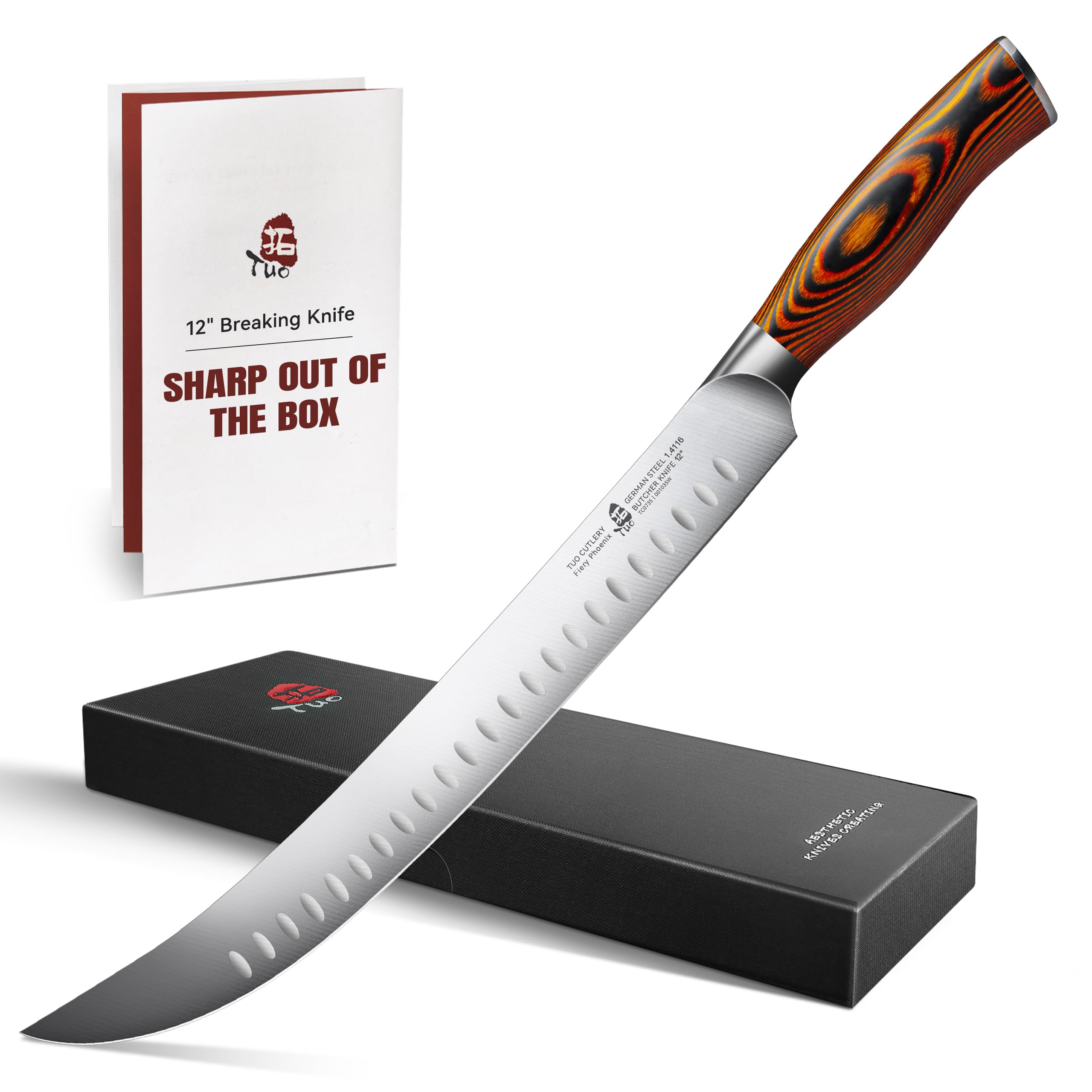 TUO Butcher Knife - 12 Inch Breaking Butcher s Knives Curved Granton Edge Carver Slicing Knife Long Meat Veggies Cleaver - German HC Steel Comfortable Pakkawood Handle - Fiery Series Gift Box Included