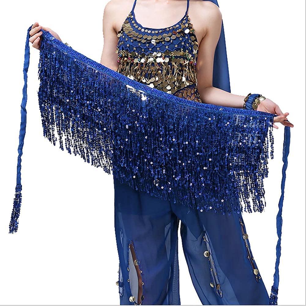 Falda de danza del vientre con lentejuelas para mujer, cinturón de cadera, borla, bufanda, disfraz rave (azul real)