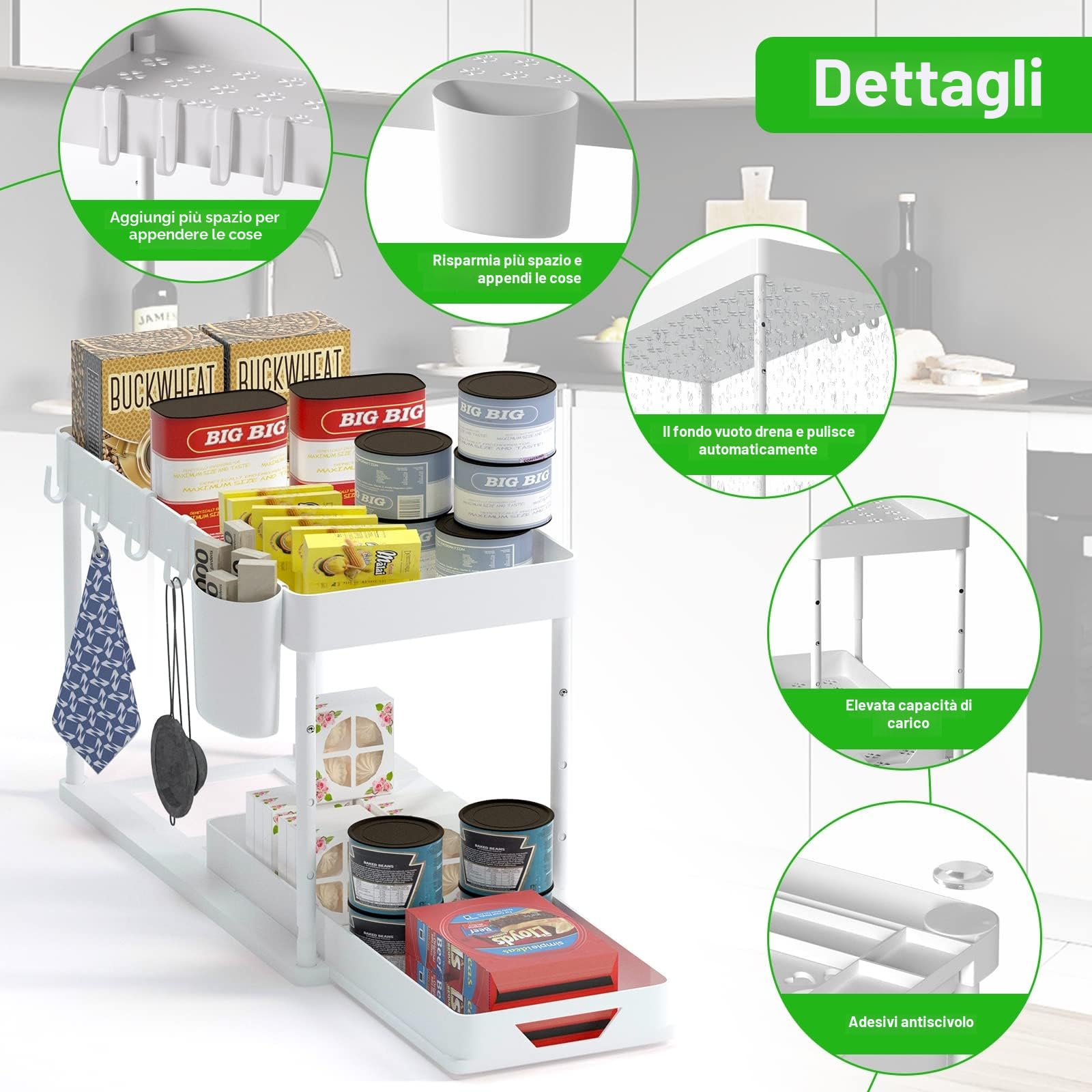 organizer sottolavello cucina a 2 Livelli, con 4 Ganci, 8 tappetini Antiscivolo e 1 Tazza appesa organizzatore portadetersivi sotto lavello da cucina (Bianco)