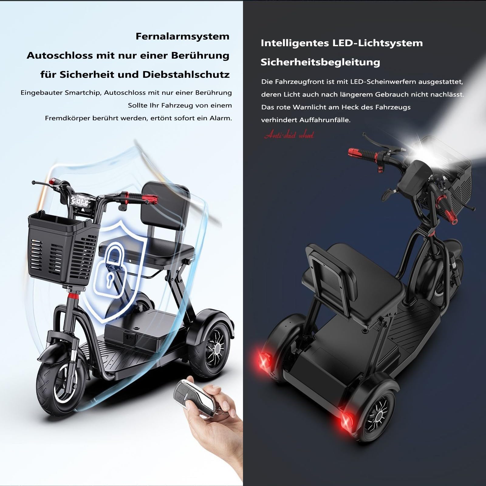 Movilidad Scooter de 3 ruedas silla de ruedas ligera de viaje con cargador y cesta - Diseño cómodo y plegable para personas mayores