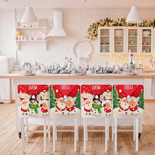 Vista 7 de Juego de 4 fundas navideñas para sillas de comedor, fundas protectoras para sillas de comedor, Papá Noel, muñeco de nieve, para Navidad, vacaciones