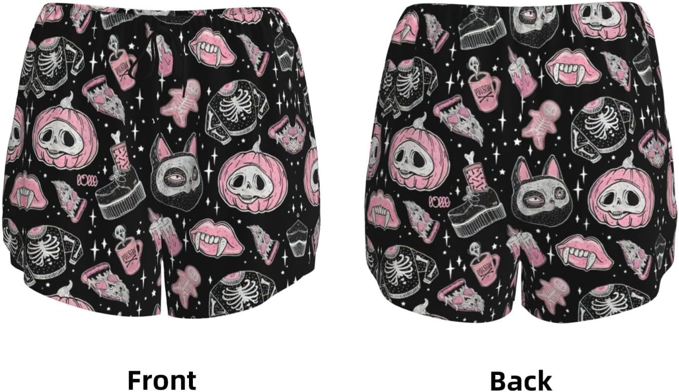 Halloween Pumpkin Cat Print Womens 2 In1 Running Athletic Workout Yoga Shorts with Pockets Gym Elastic Workout Shorts