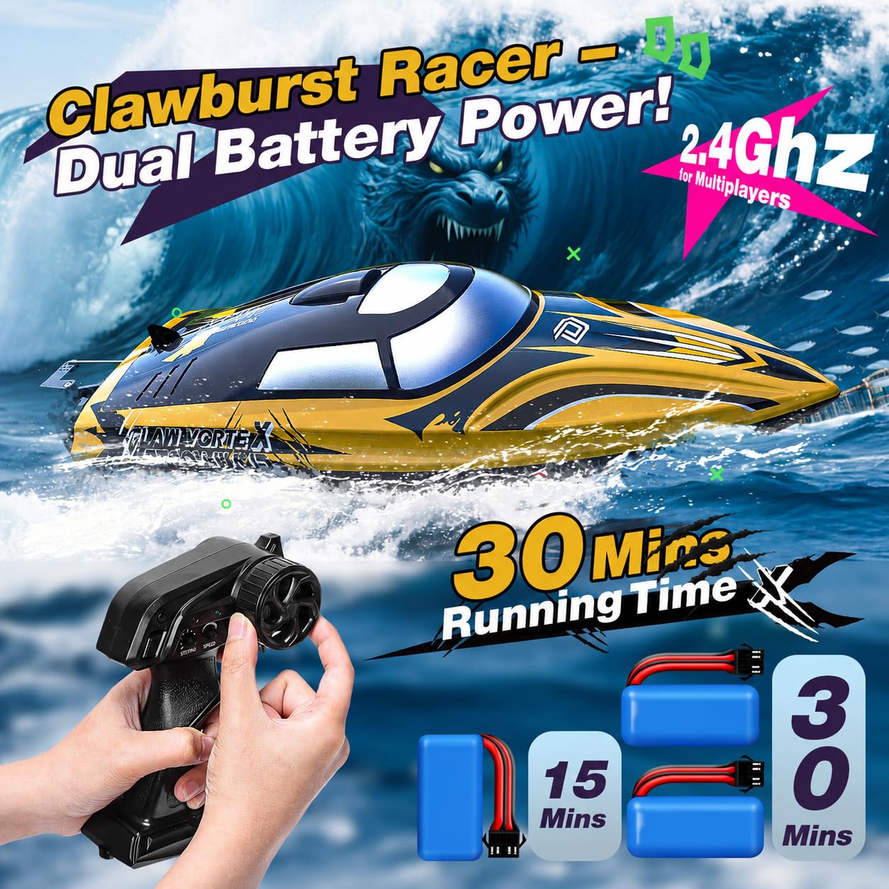 DEERC 14" Bateau télécommandé Rapide de avec lumières LED, 30+ Mins, 20+MPH, Bateau Rapide télécommandé à redressement Automatique pour Piscine et lac, Jouet Aquatique d'été pour Adultes et Enfants