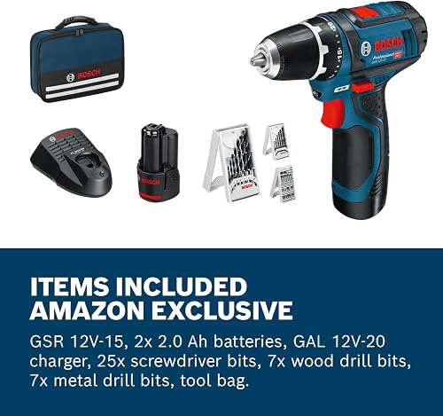 Bosch Professional 12V System Cordless Screwdriver GSR 12V-15 (incl. 2x2.0 Battery+Charger, 39 Pieces Accessory Set, in Bag) - Amazon Exclusive Set - 2