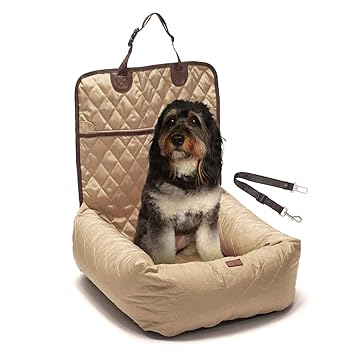 Dog Car Booster Seat - Luxurious 2-in-1 Dog Carseat & Comfy Indoor Lounge Bed for Dogs & Cats - Easy to Install Water Resistant Pet Booster Seat for Car with Pet Seat Belt Leash - (Tan)