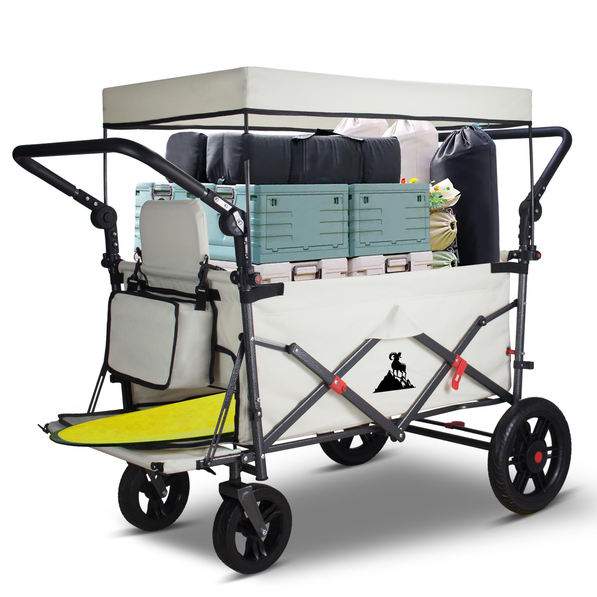 Topwell Beige Folding Handcart Trolley, Folding Camping Wagon With Canopy & 2 Folable Seats, Collapsible Beach Cart Foldable For Outdoor Garden Picnic Shopping 265Lbs Capacity (Beige)