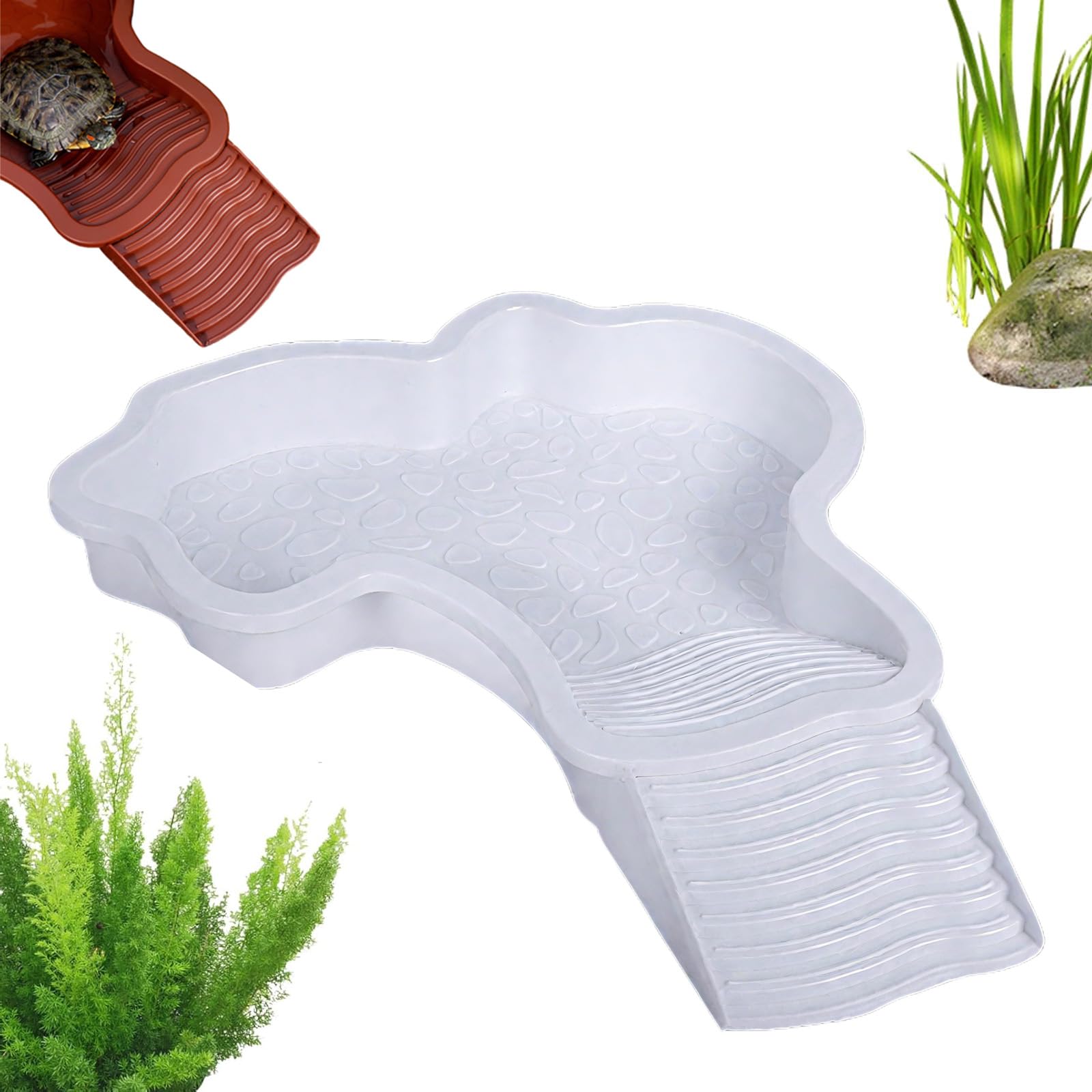 Tortoise Bath Dish, Tortoise Water Dish, Plastic Reptile Pool with Anti-Slip Ramp, Basking Platform & Drain, Feeding Box & Food Water Bowl for Tortoise Chameleon Scorpion Gecko (White)