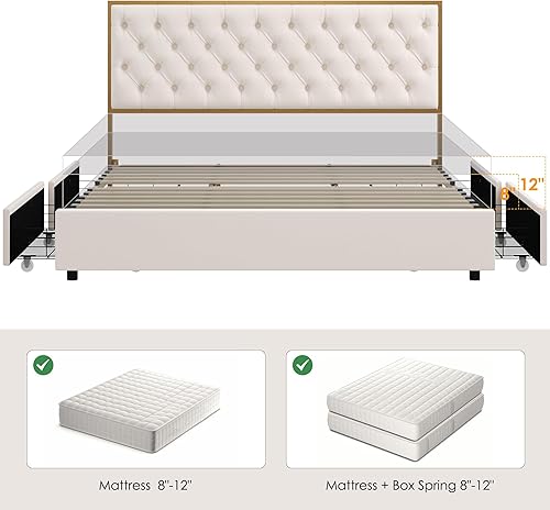 Miniatura 8 de HIFIT Base de cama King con 4 cajones de almacenamiento base de cama tapizada King con cabecera capitoné de botón base de colchón resistente con