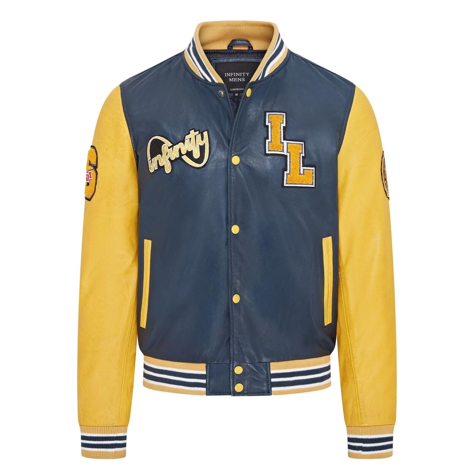 Infinity Leather Men's Blue/Yellow Baseball Leather Letterman Bomber Jacket