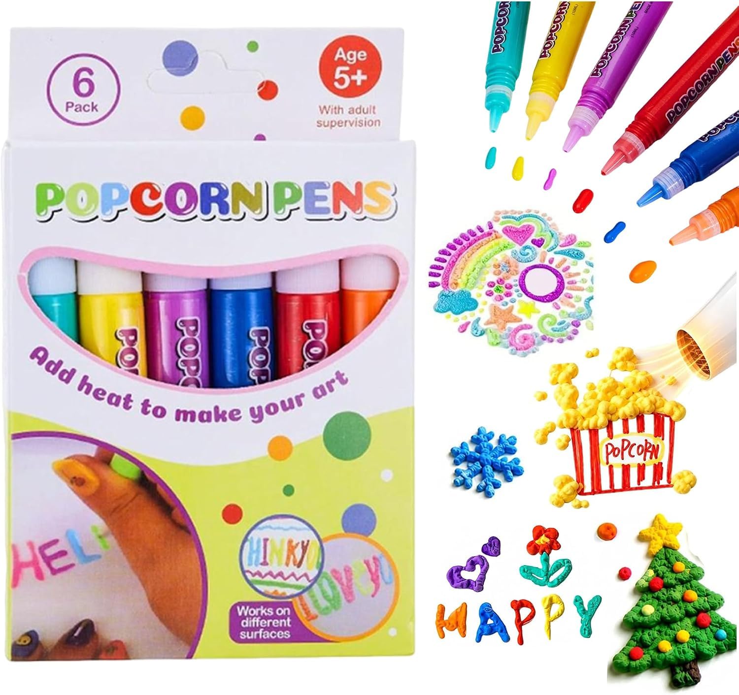 3D Magic Popcorn Pens, DIY Bubble Popcorn Drawing Pen, 3D Magic Popcorn Pens create raised artwork with colorful designs for creative crafts, DIY projects and decorations，1BOX