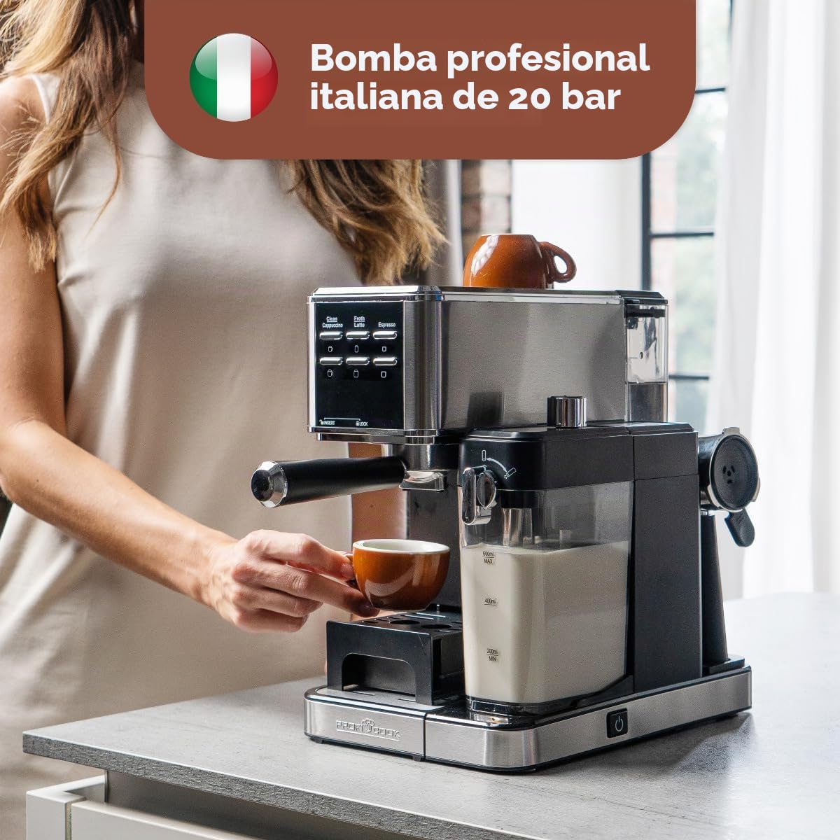 ProfiCook® cafetera espresso 2en1 para café en polvo y cápsulas compatibles Nespresso - máquina portafiltro 20 bar - con sistema de leche para latte y cappuccino- portafiltro para espresso- PC-ES 1266