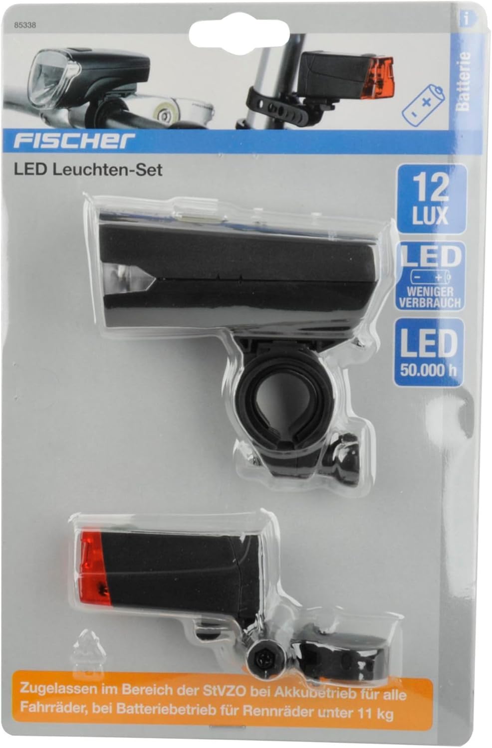 Fischer Bicycle Lighting Set 12 Lux Battery Light Set Front and Rear Light IP44 Splashproof German Road Traffic Regulations Approved Black