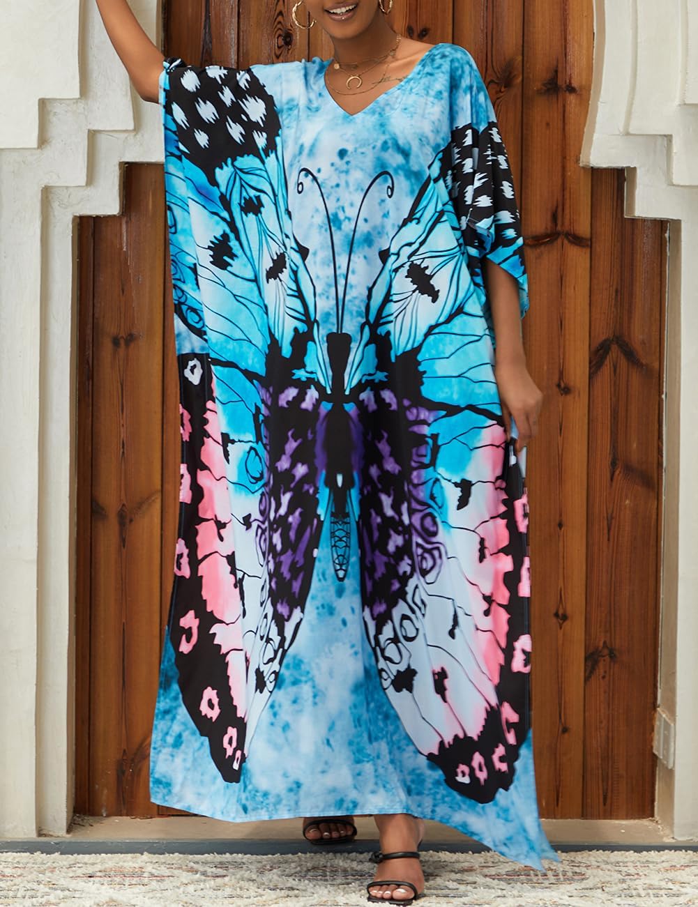 Bsubseach Kaftan Dresses for Women Plus Size Tie Dye Batwing Sleeve Caftans Swimsuit Coverup Maxi Dress Loungewear - Image 2