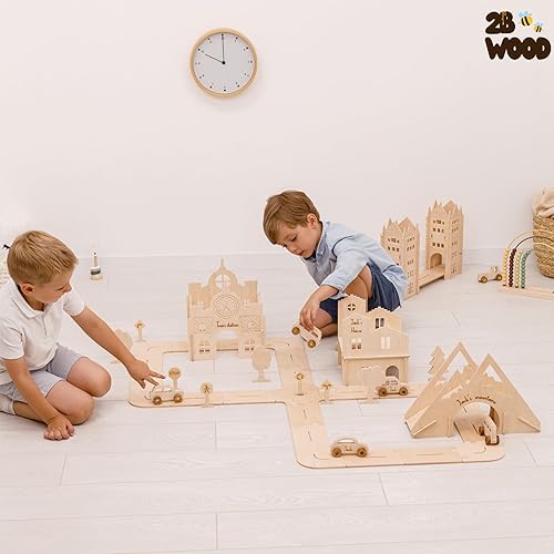 Miniatura 5 de Personalized Wooden Car Track for Boys - Size M Toddler Race Track Toy Cars - Wooden Toy Cars Road Bridge House Train Station Mountain - Montessori
