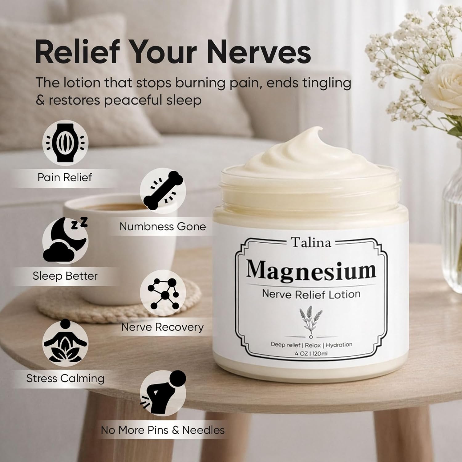 Talina Nerve Relief Lotion, Magnesium Cream, Neuropathy Cream with Natural Soothing Ingredients, Magnesium Butter with Vitamin B6, Aloe Vera for Feet & Hands & Knees – Relaxing Lavender Scent, 4 fl oz