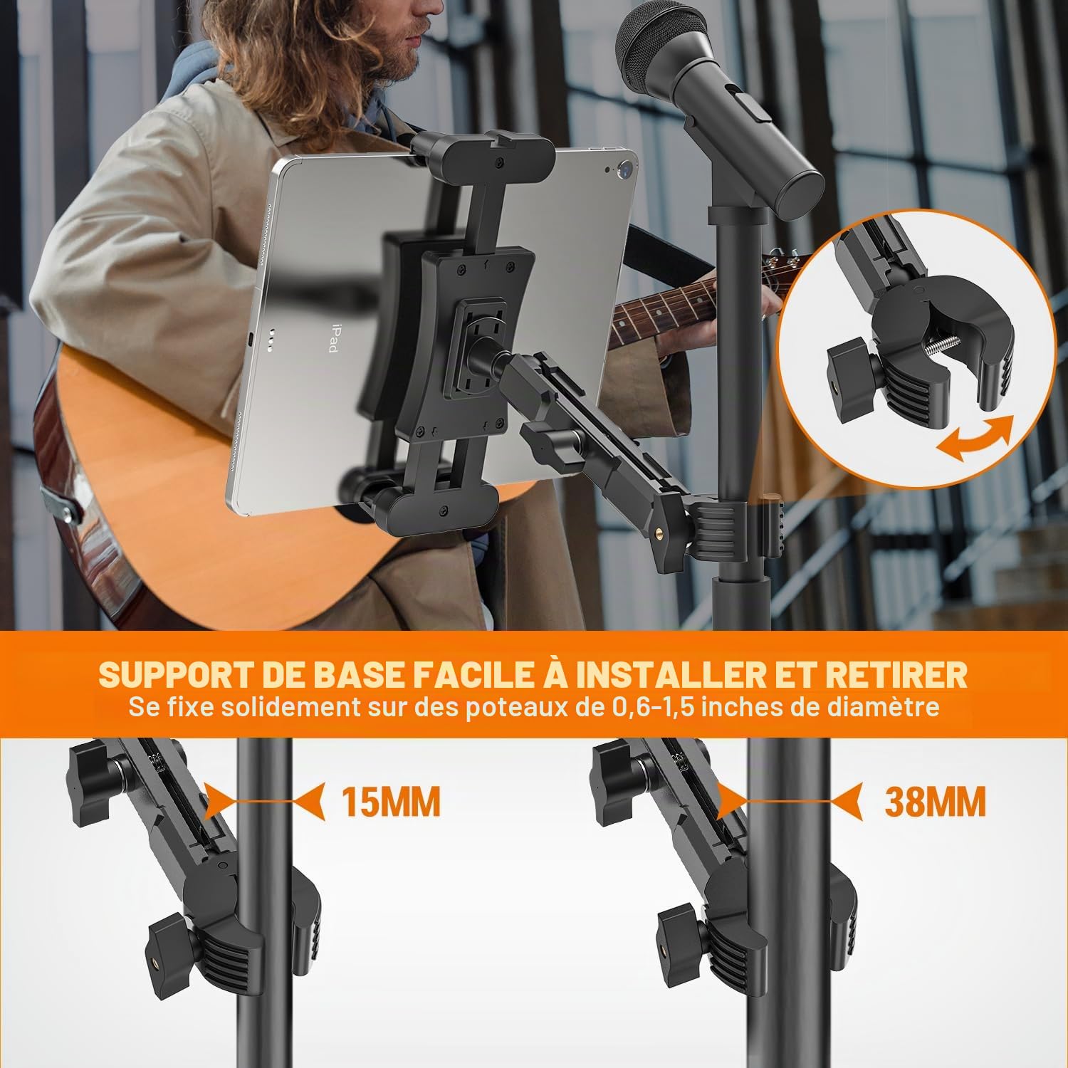 Support Tablette de Microphone, Support de Tablette et Téléphone, Pieds de Micro Musique Pivotant à 360° pour iPad, Pro, Mini, Air 4.7-13.5 Pouces Tablette Téléphone