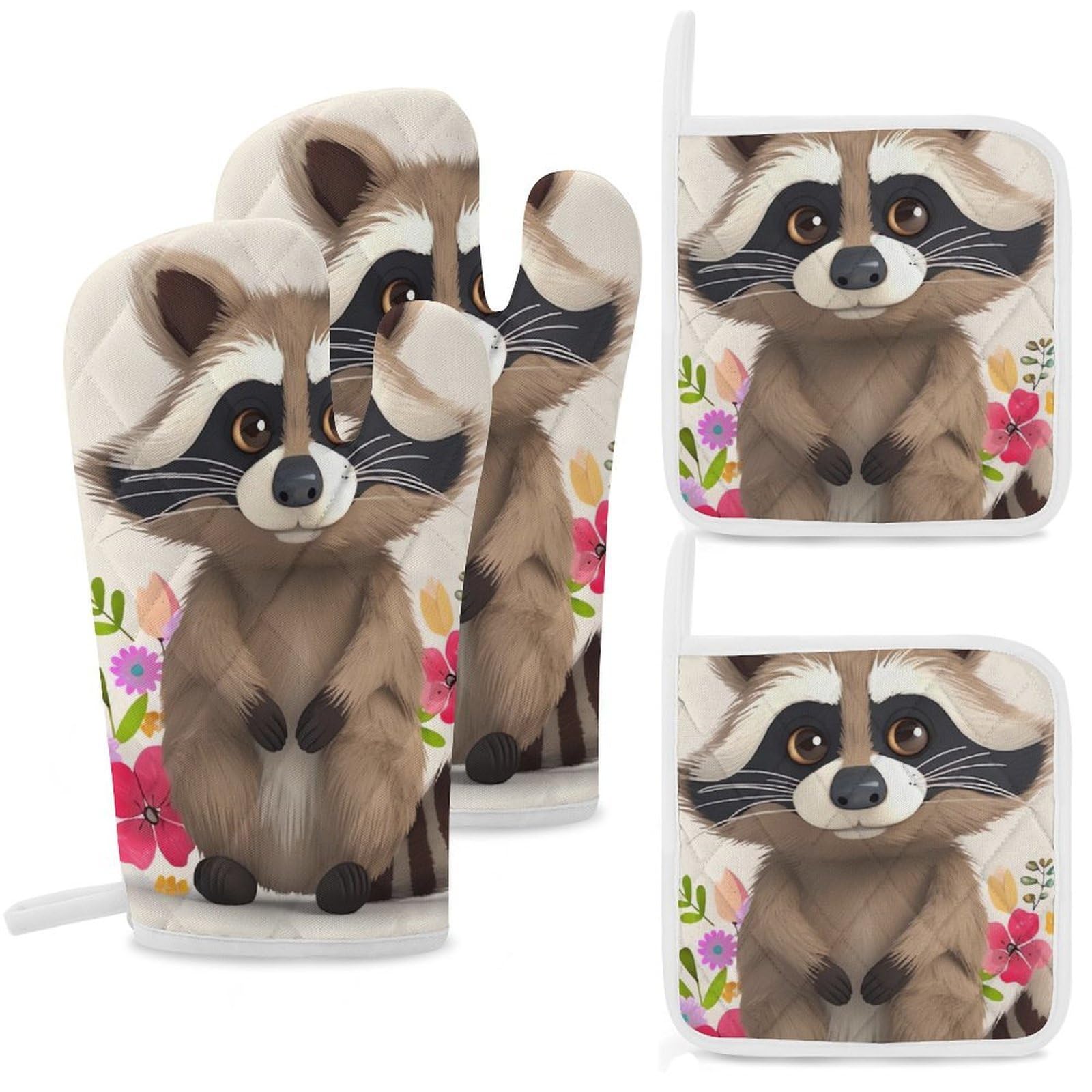 Oven Mitts and Pot Holders Set of 4 Heat Resistant Non-Slip Kitchen Gloves Hot Pads Raccoon Mittens Gloves Non-Slip Potholders for Cooking Baking Grilling BBQ