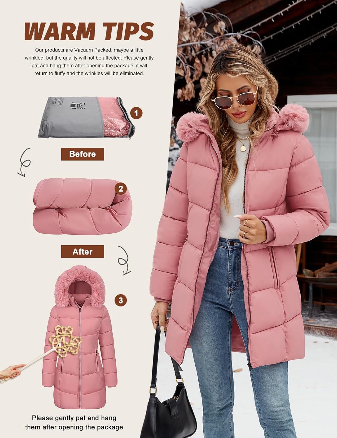Womens Winter Coats Puffer Down Parka Thicken Warm Hooded Jacket Fleece Lined Outwear with Removable Faux Fur Hood - Image 5