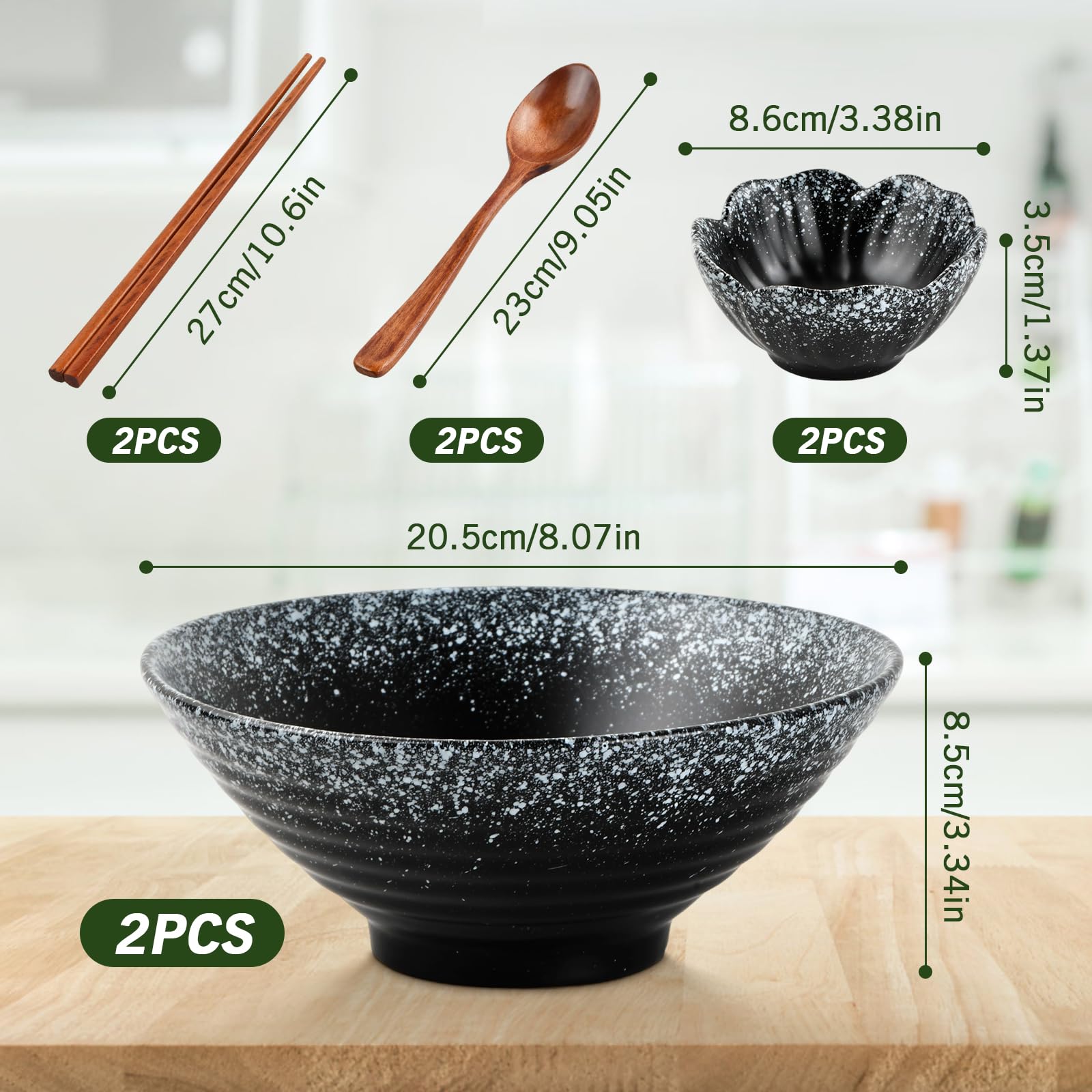 1200 ML Ciotole Giapponesi per Ramen, 2 Set Ciotola Ramen con Bacchette e Cucchiai, Ciotola Ramen in Ceramica, Ramen Bowl per Ramen, Zuppa, Insalata, Muesli, Grande Capacità 20.8 X 20.8 X 8.8